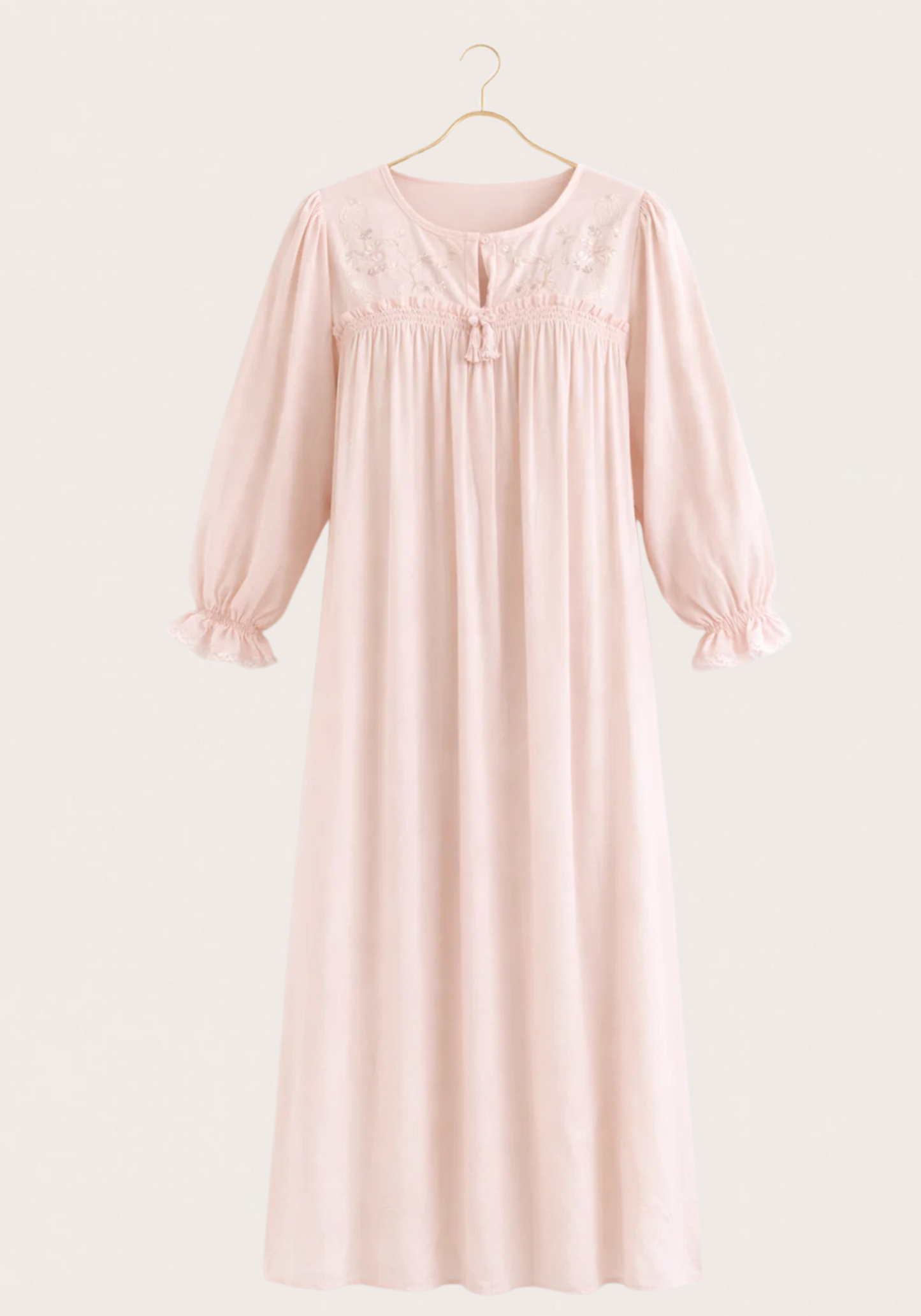 Woven Viscose Long Sleeves Long Nighty With Embroidery Detail