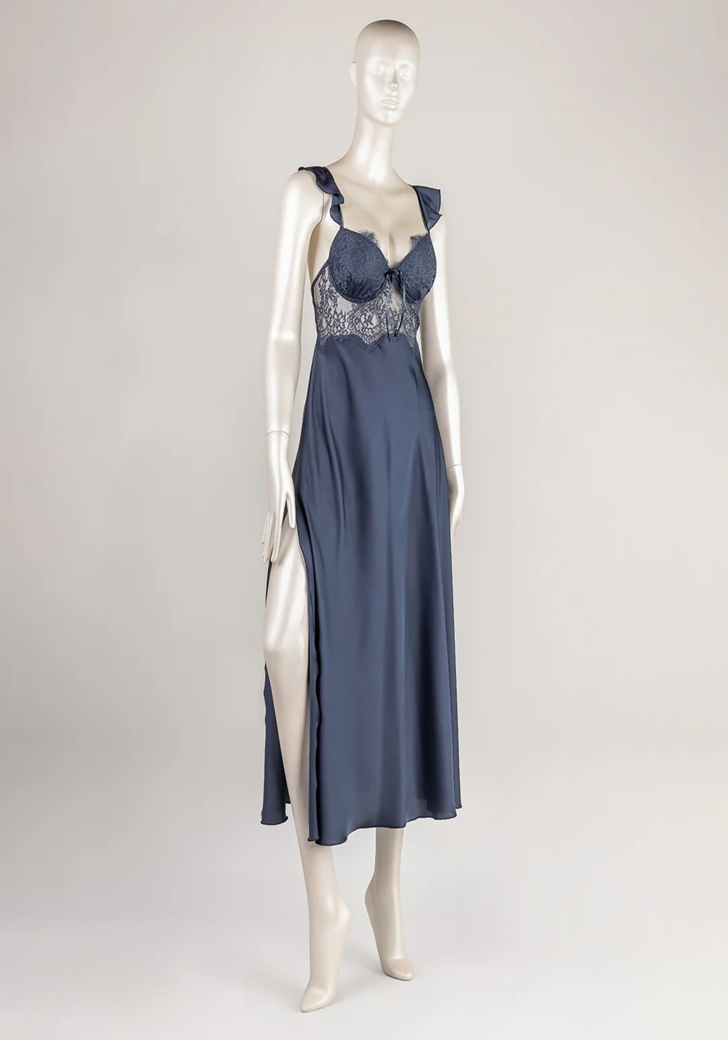 Lingerie Long Gown: Shoulder Ruffle Underwire Padded Lace Bra Satin Long Nighty With Side And Back Opening