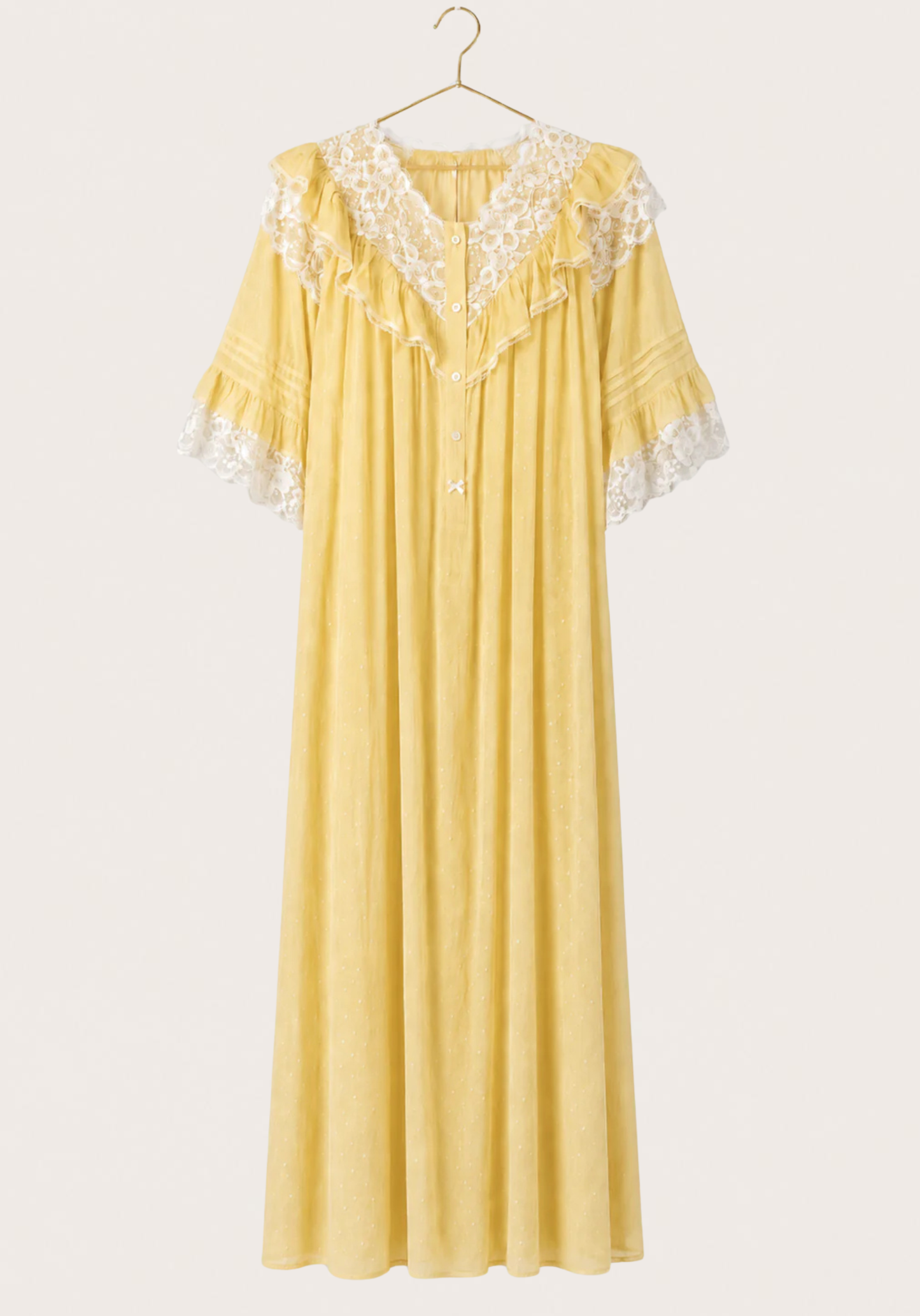 Woven Viscose Long Sleeves V-Neck Long Nighty With Front Buttons And Lace Detail