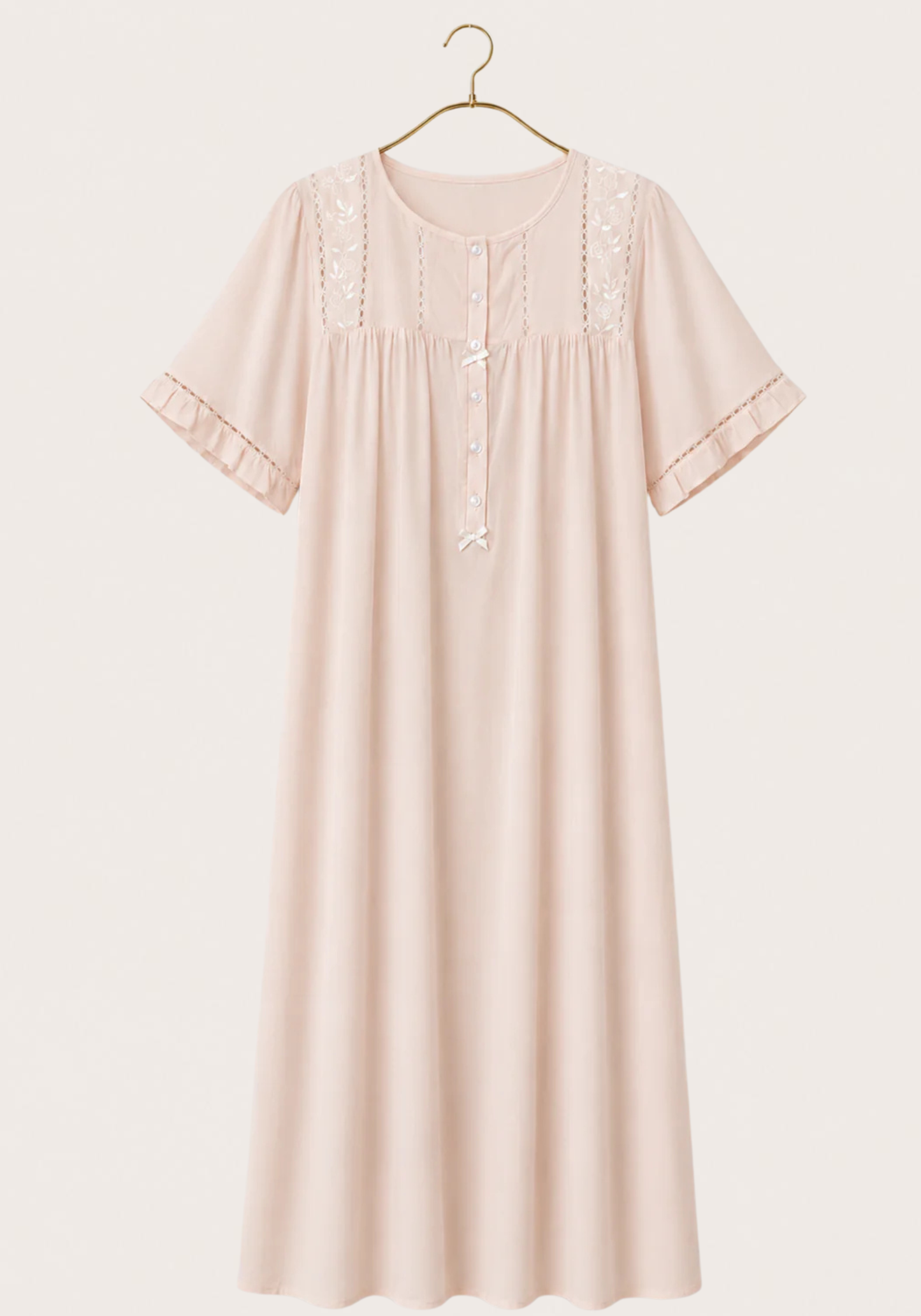 Long Gown: Woven Viscose Short Sleeves Long Nighty With Buttons And Embroidery Details