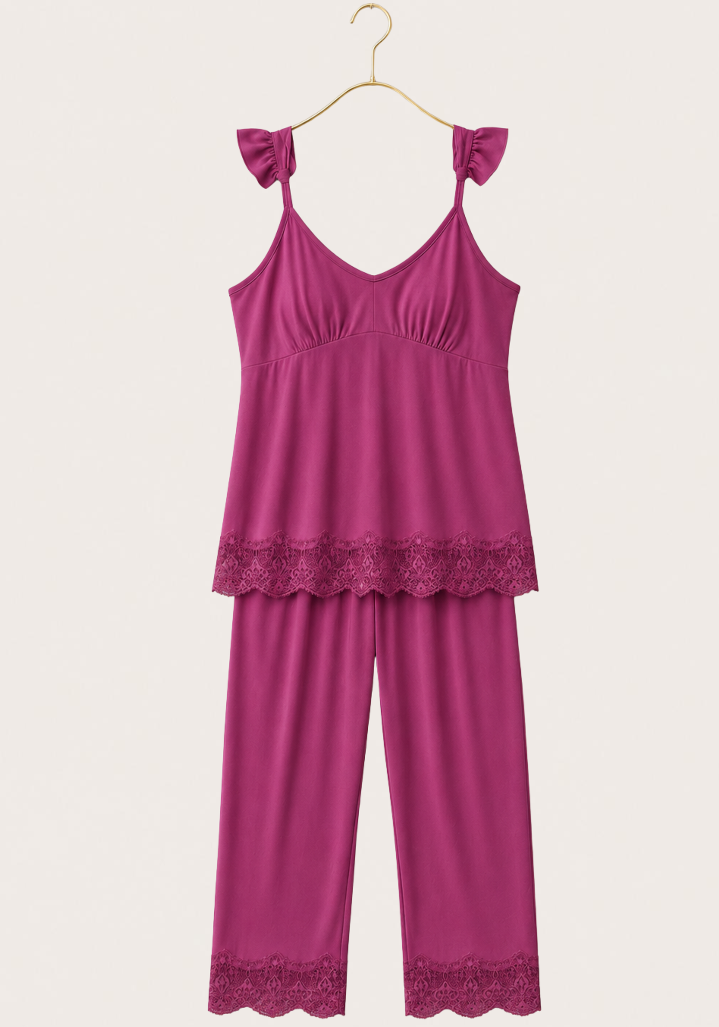 Modal Pajama: Furfur Shoulder Strap Top With Lace Detail And Pant With Lace Detail
