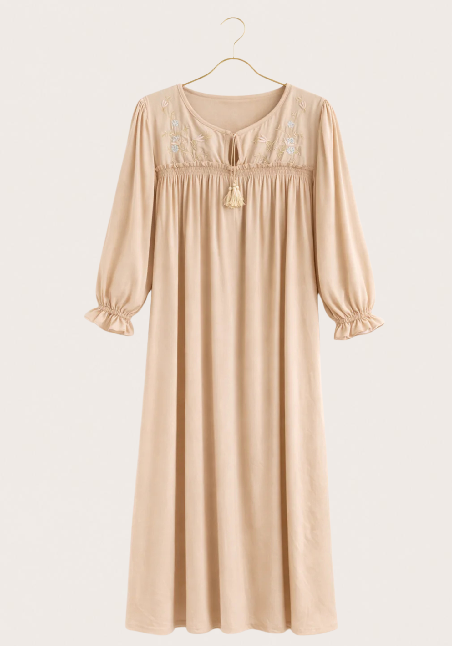 Woven Viscose Long Sleeves Long Nighty With Embroidery Detail