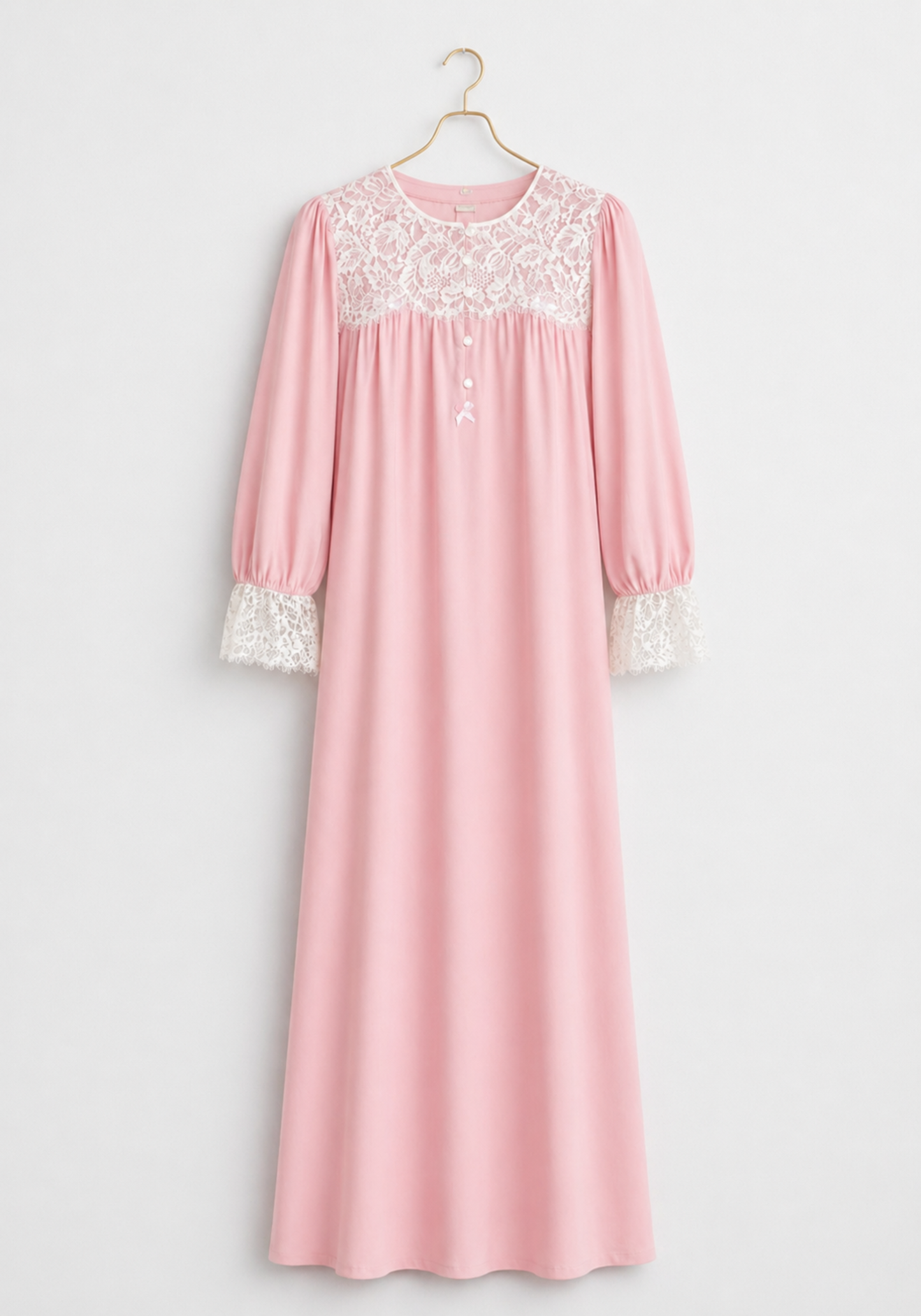Woven Viscose Long Sleeves Long Nighty With Dantel In The Front & Sleeves With Buttons
