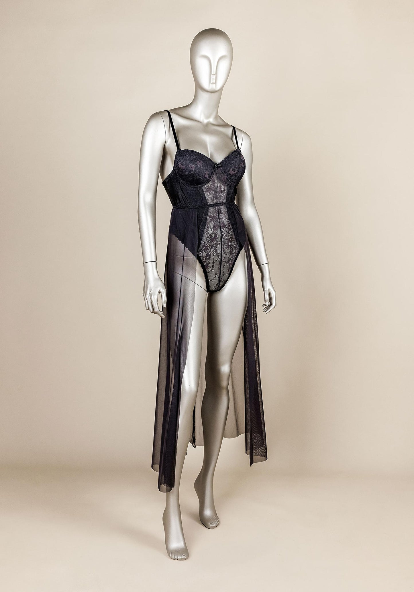 Bodysuit Long Gown: Underwire Lace Bra Bodysuit With Long Chiffon Open Front Nighty