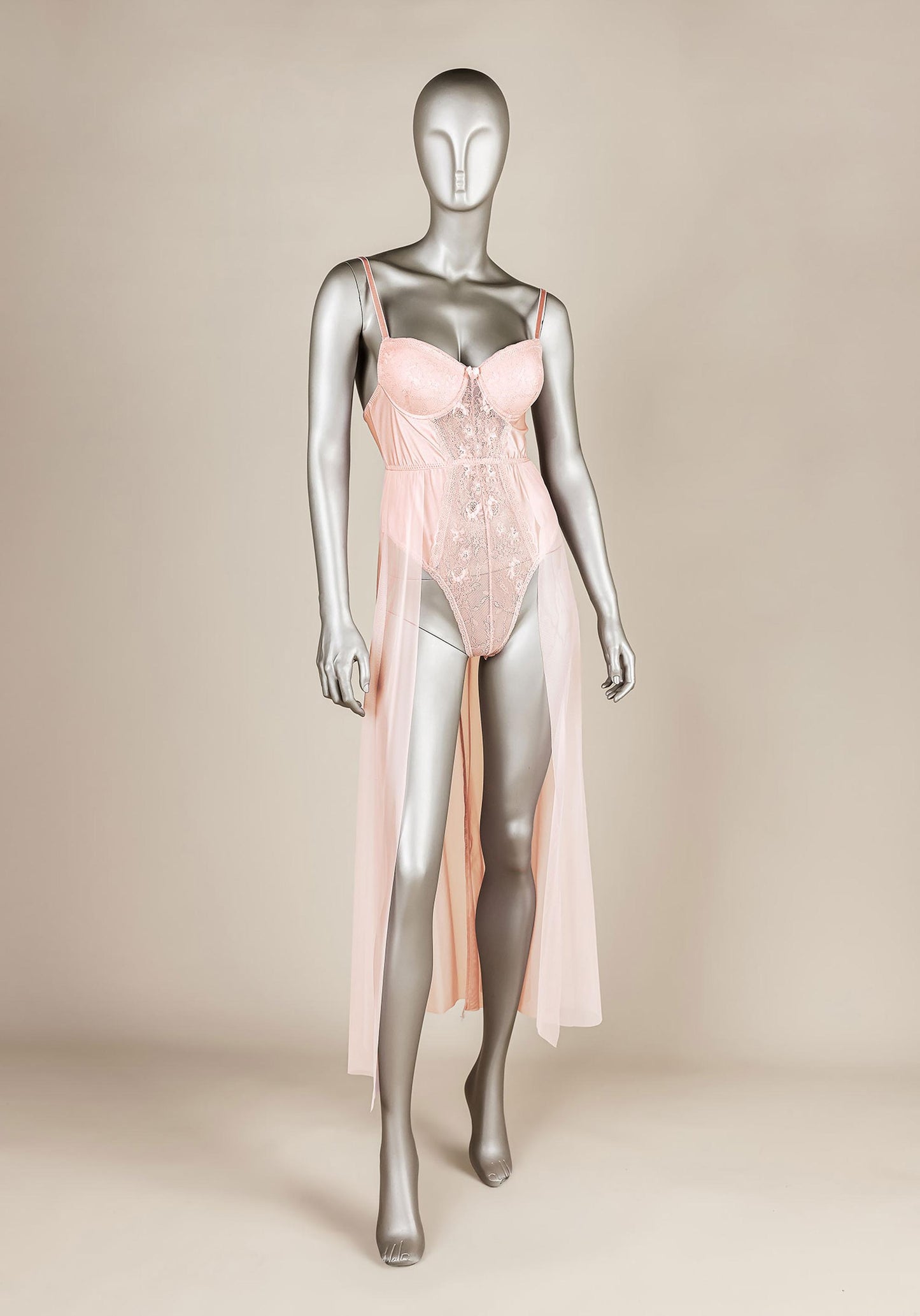 Bodysuit Long Gown: Underwire Lace Bra Bodysuit With Long Chiffon Open Front Nighty