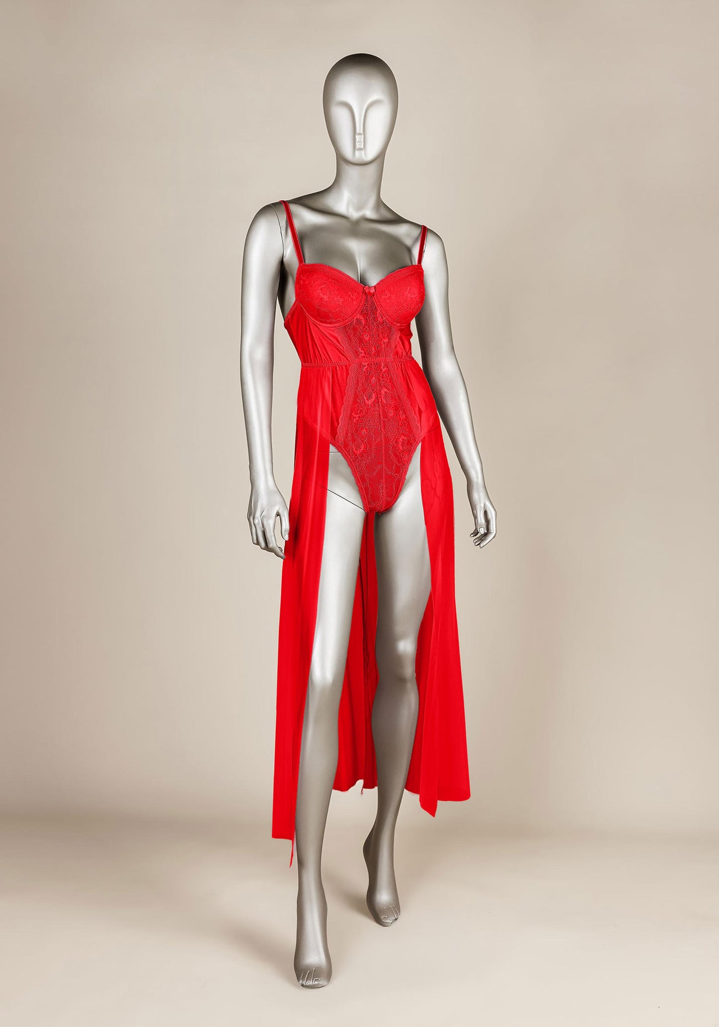 Bodysuit Long Gown: Underwire Lace Bra Bodysuit With Long Chiffon Open Front Nighty