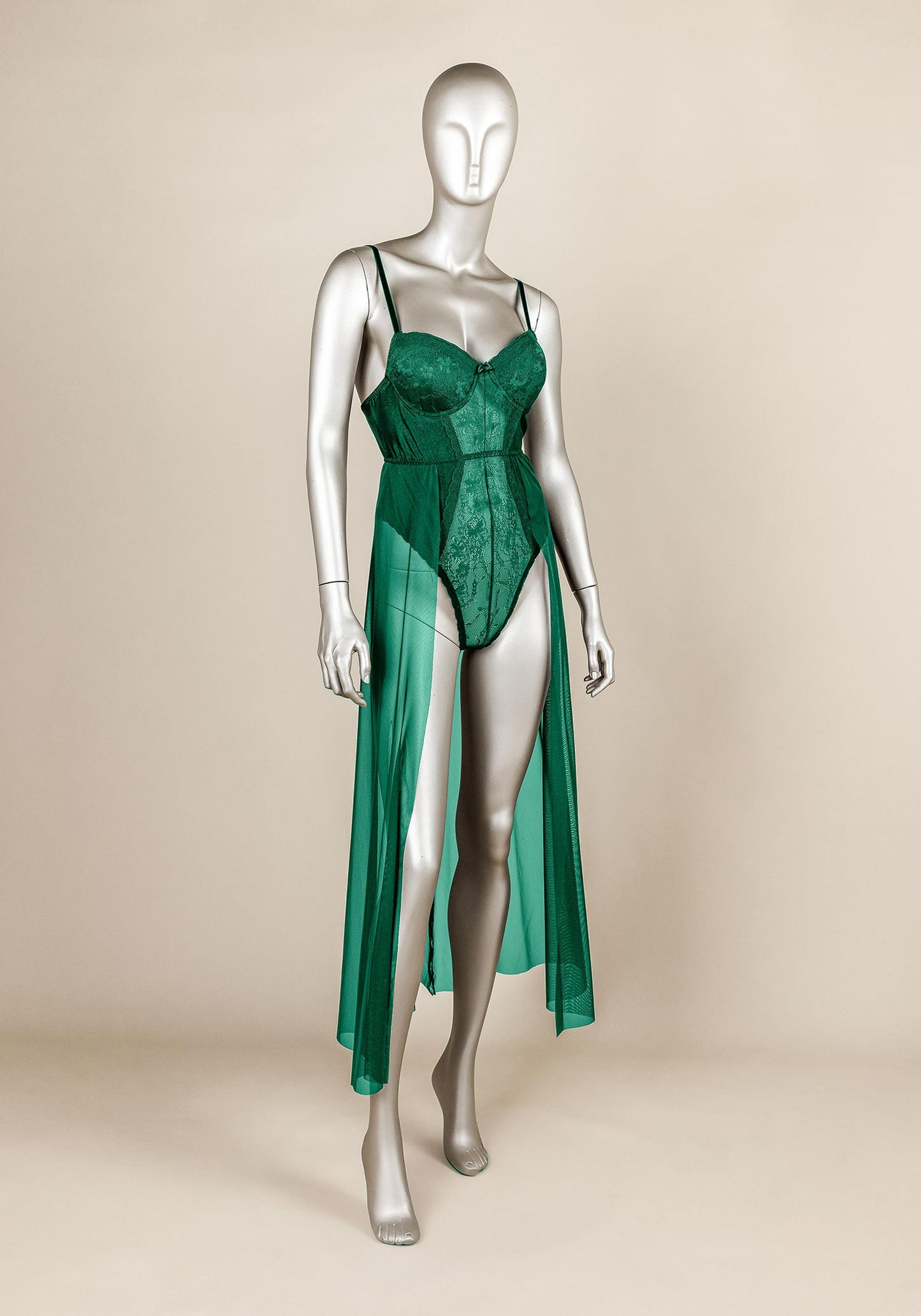 Bodysuit Long Gown: Underwire Lace Bra Bodysuit With Long Chiffon Open Front Nighty