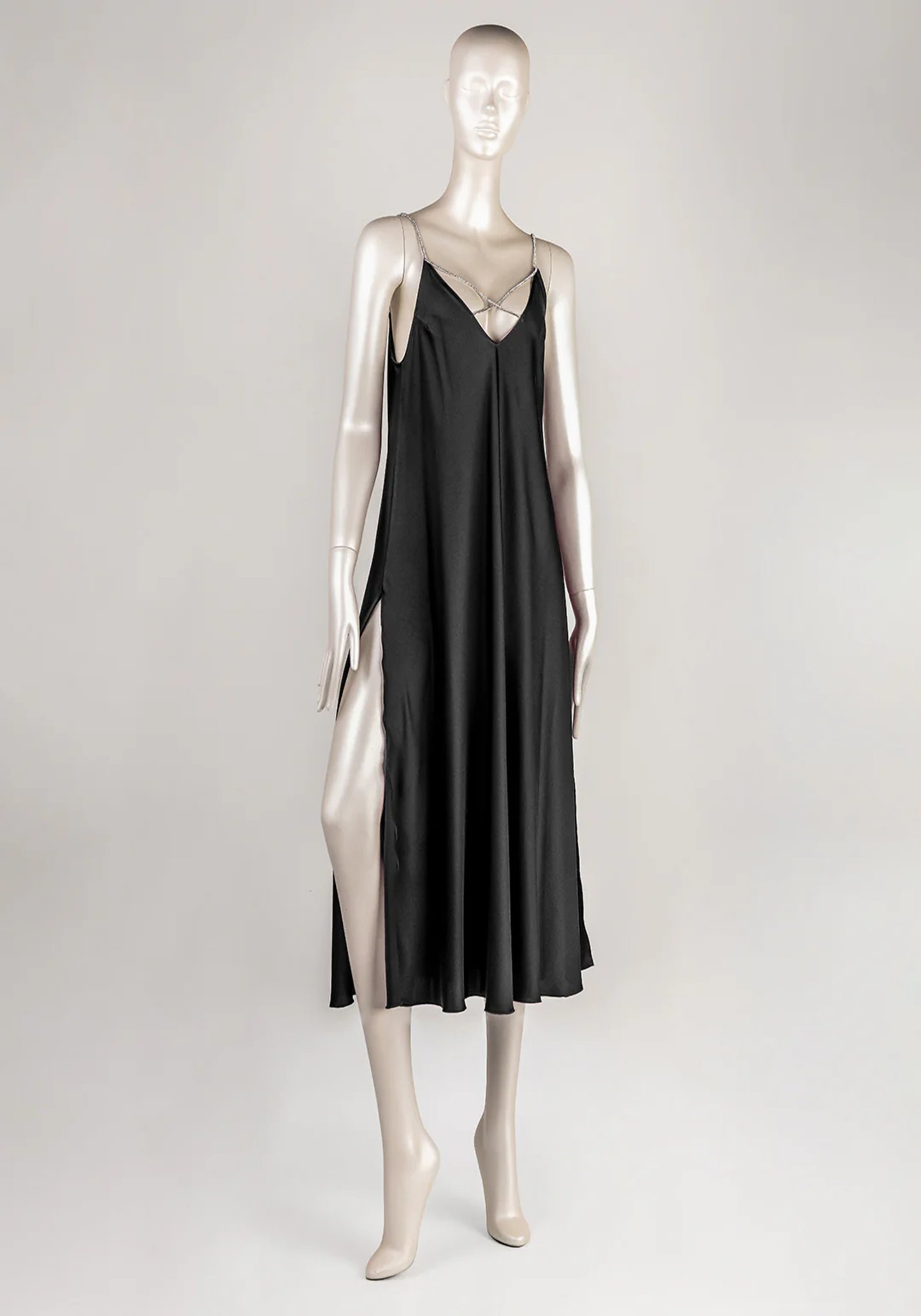 Lingerie Long Gown: Shoulder Stras Strap Satin Plain Long Nighty With Two Side Openings