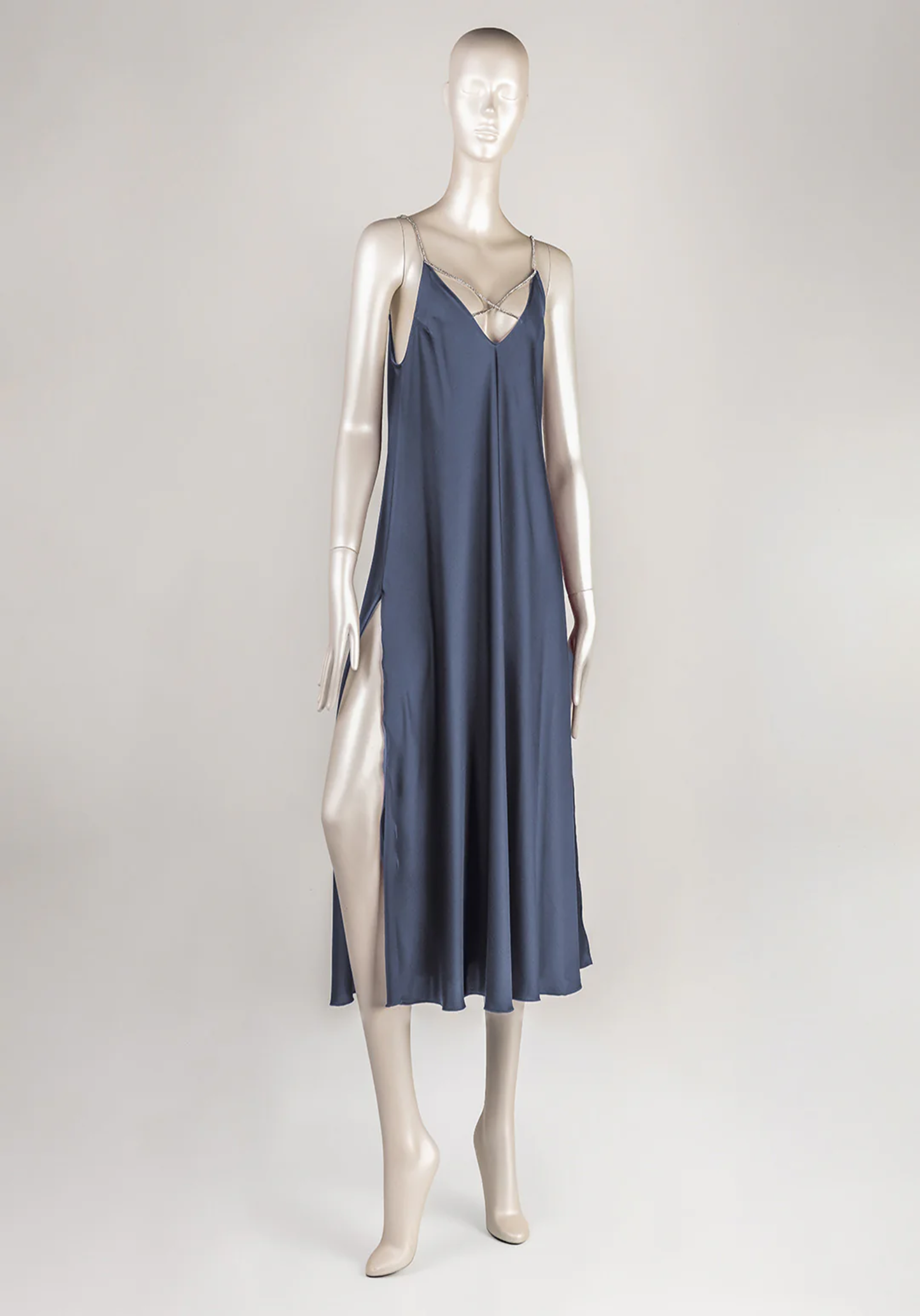 Lingerie Long Gown: Shoulder Stras Strap Satin Plain Long Nighty With Two Side Openings