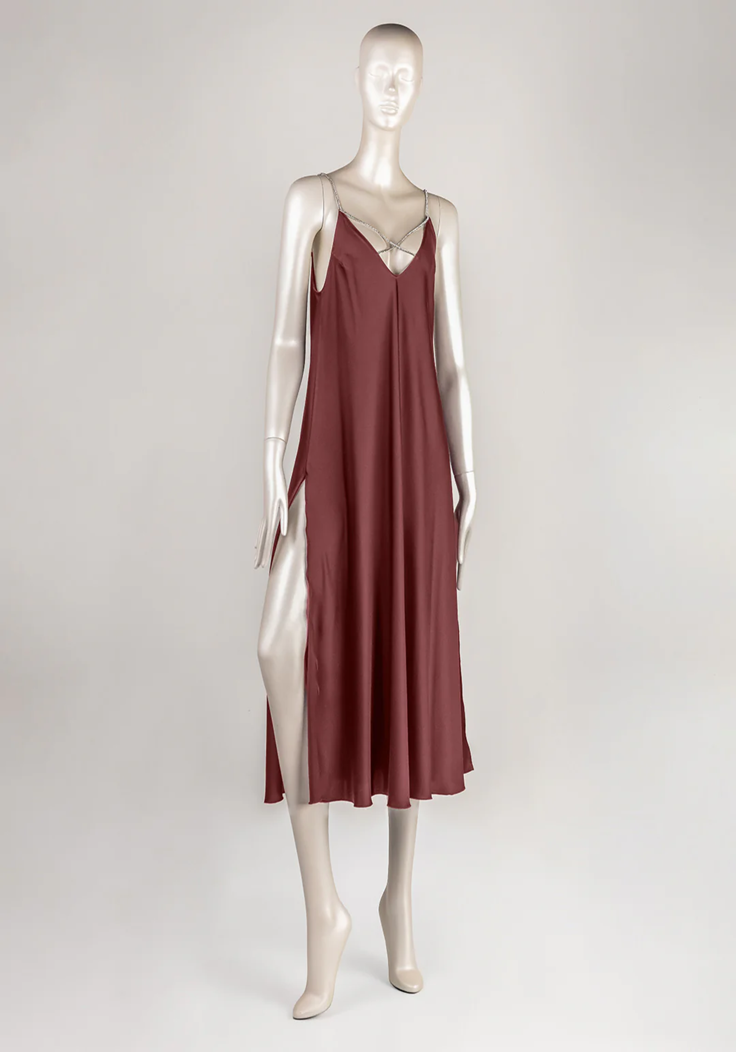 Lingerie Long Gown: Shoulder Stras Strap Satin Plain Long Nighty With Two Side Openings