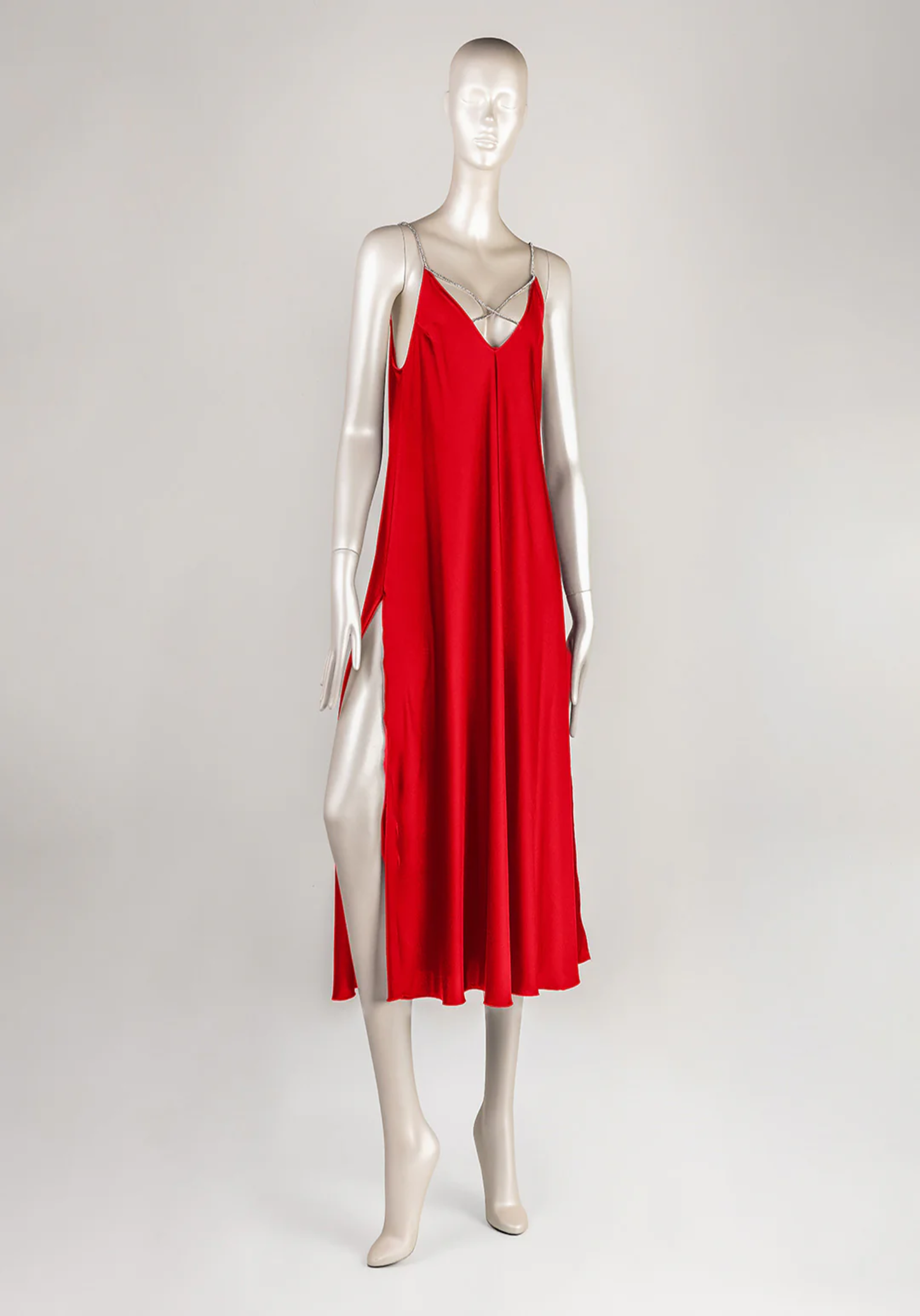 Lingerie Long Gown: Shoulder Stras Strap Satin Plain Long Nighty With Two Side Openings
