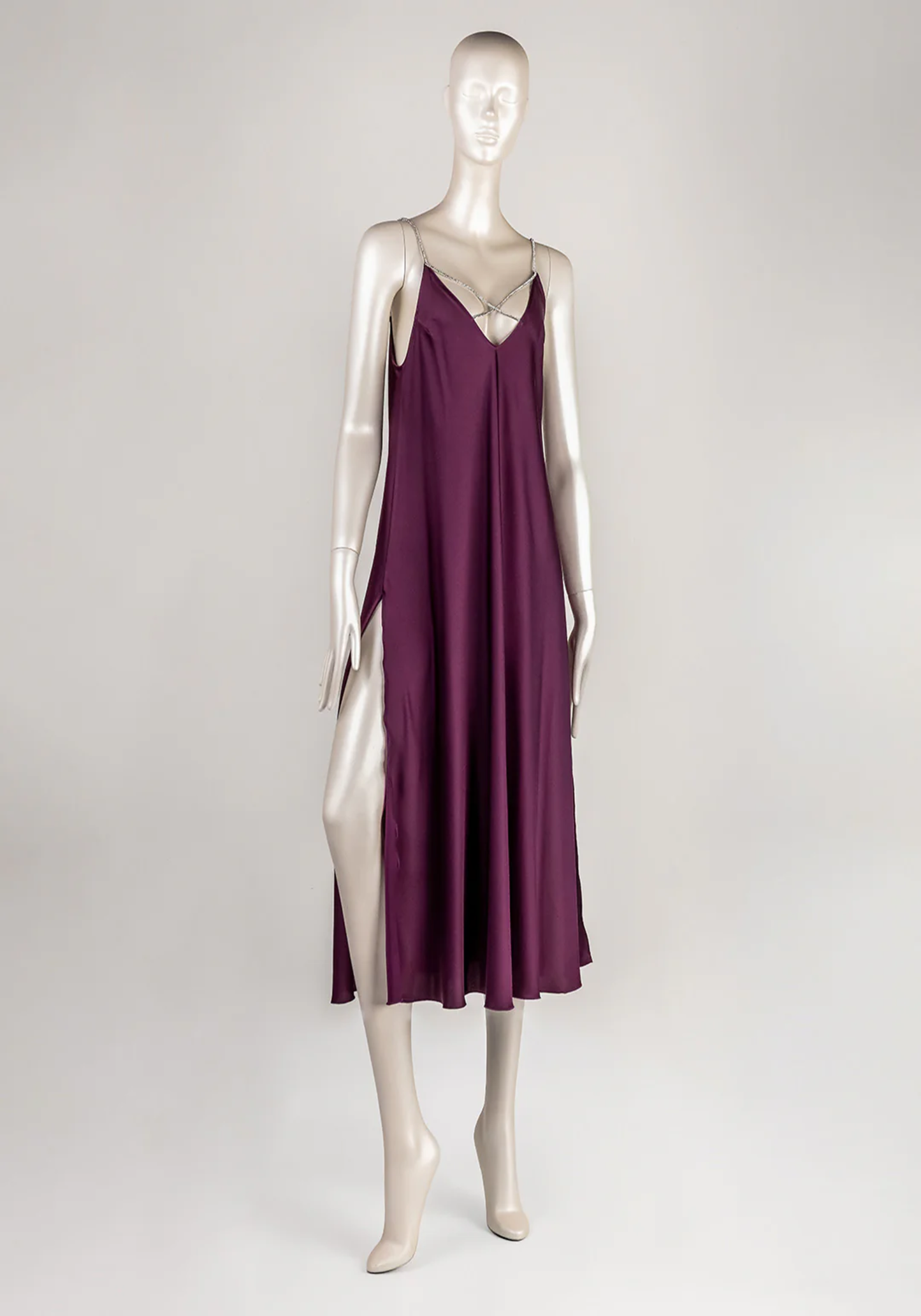 Lingerie Long Gown: Shoulder Stras Strap Satin Plain Long Nighty With Two Side Openings