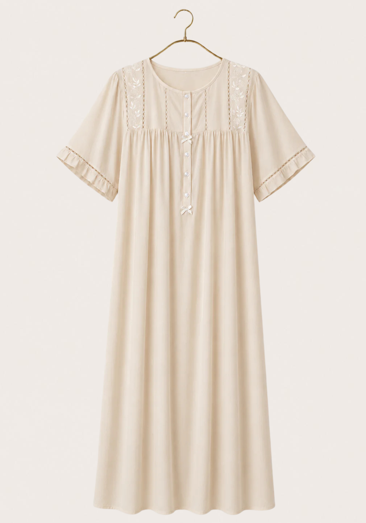 Long Gown: Woven Viscose Short Sleeves Long Nighty With Buttons And Embroidery Details