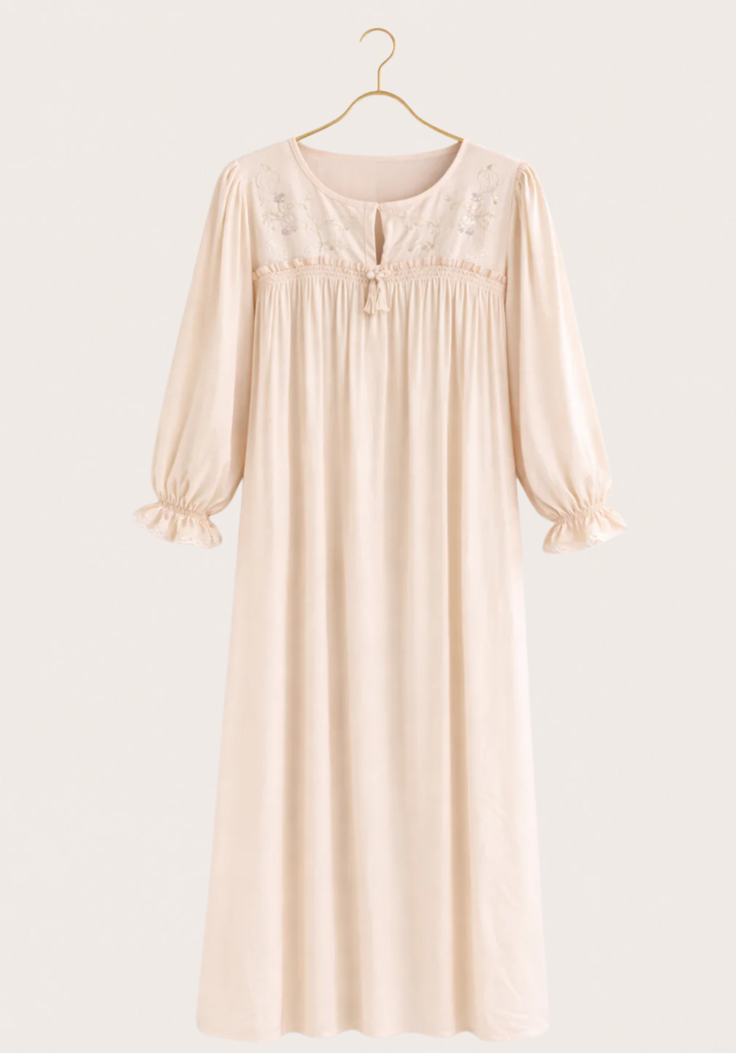 Woven Viscose Long Sleeves Long Nighty With Embroidery Detail
