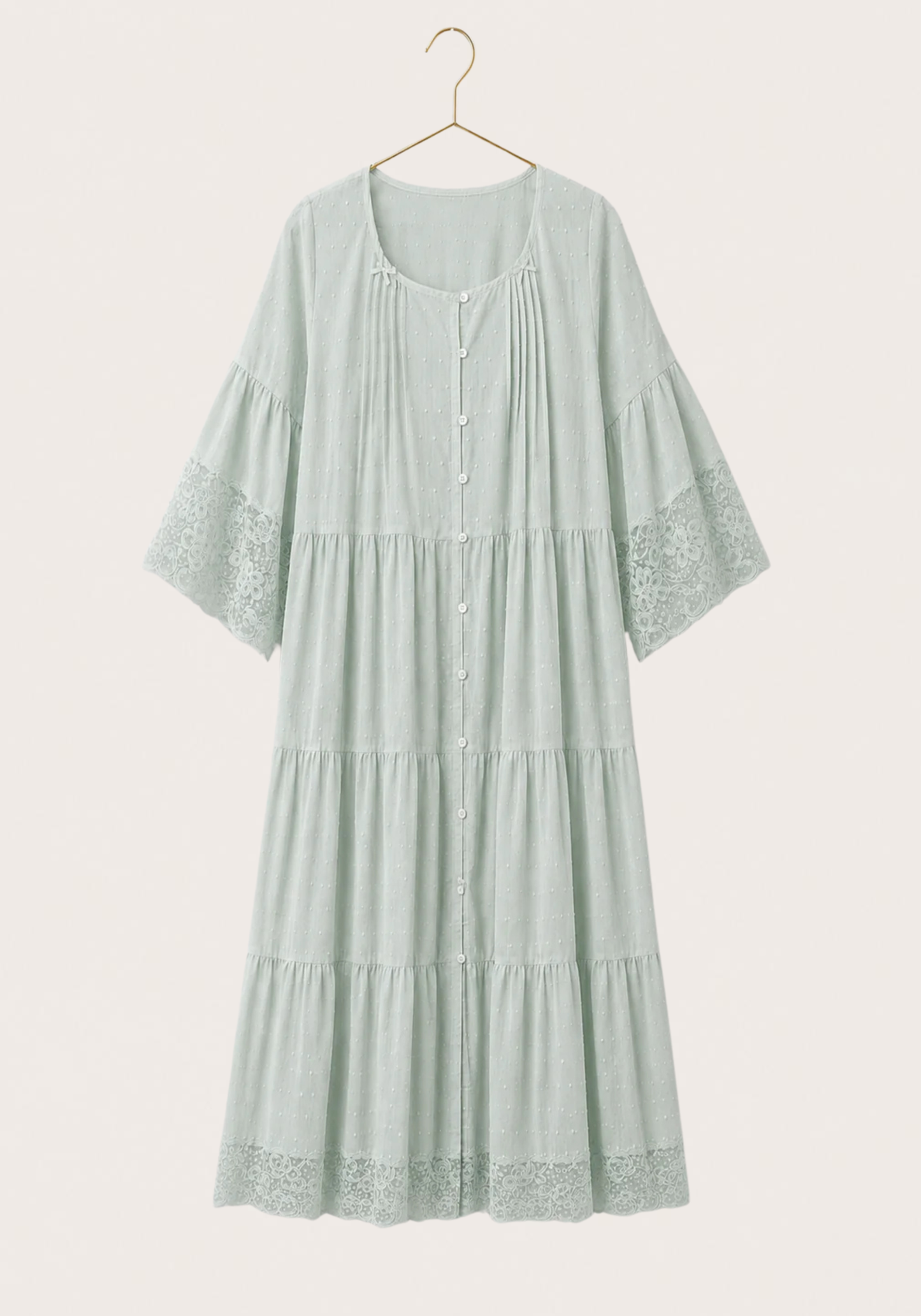 Woven Viscose Long Sleeves Midi Nighty With Front Buttons And Lace Detail