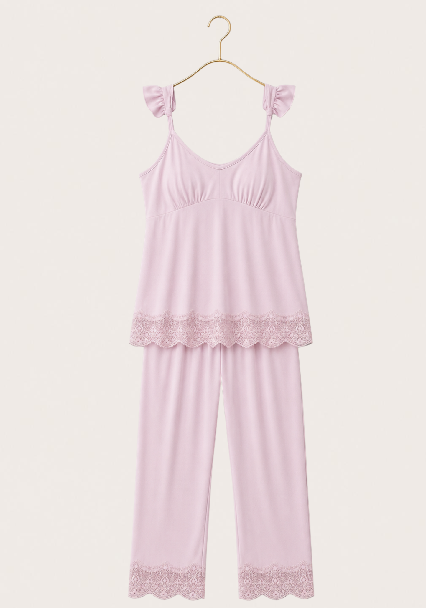 Modal Pajama: Furfur Shoulder Strap Top With Lace Detail And Pant With Lace Detail
