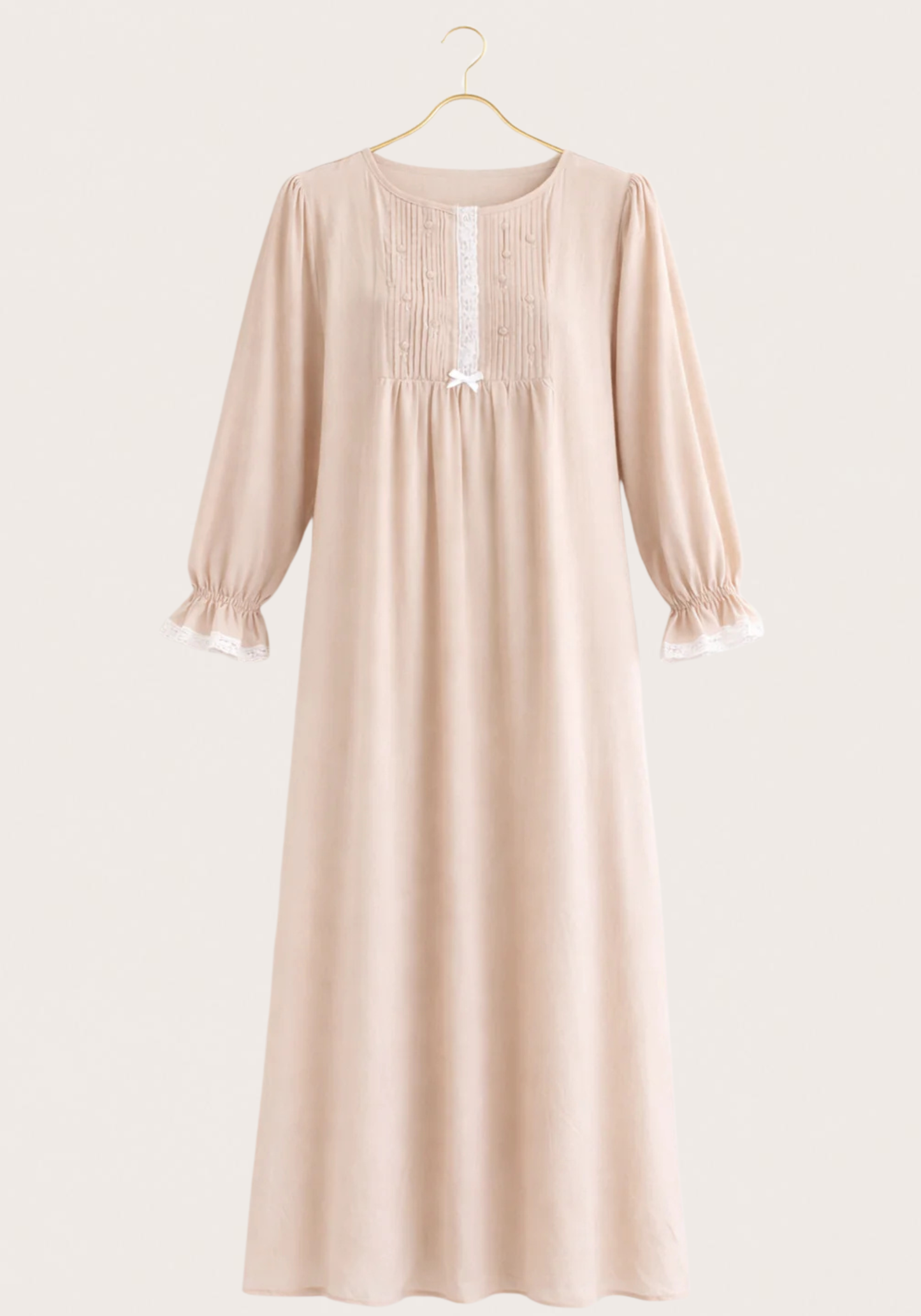 Woven Viscose Long Sleeves Long Nighty With Lace Detail