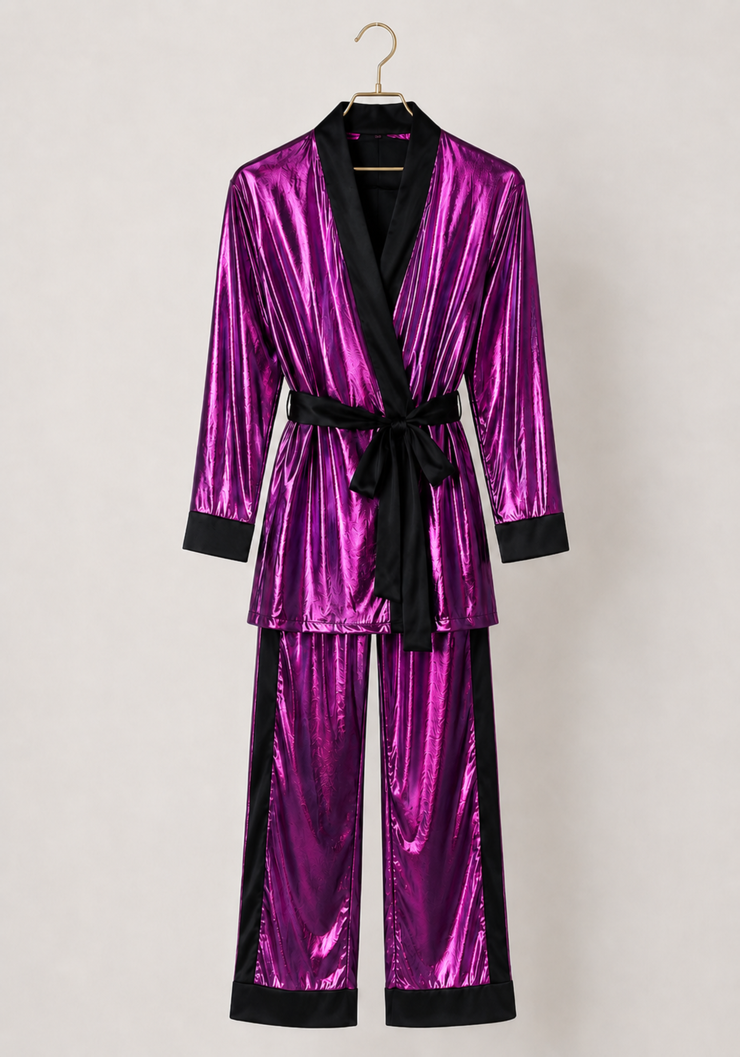 3 Pieces Pajamas: Disko Long Sleeves Short Robe And Pants And Satin Crop Tank Top