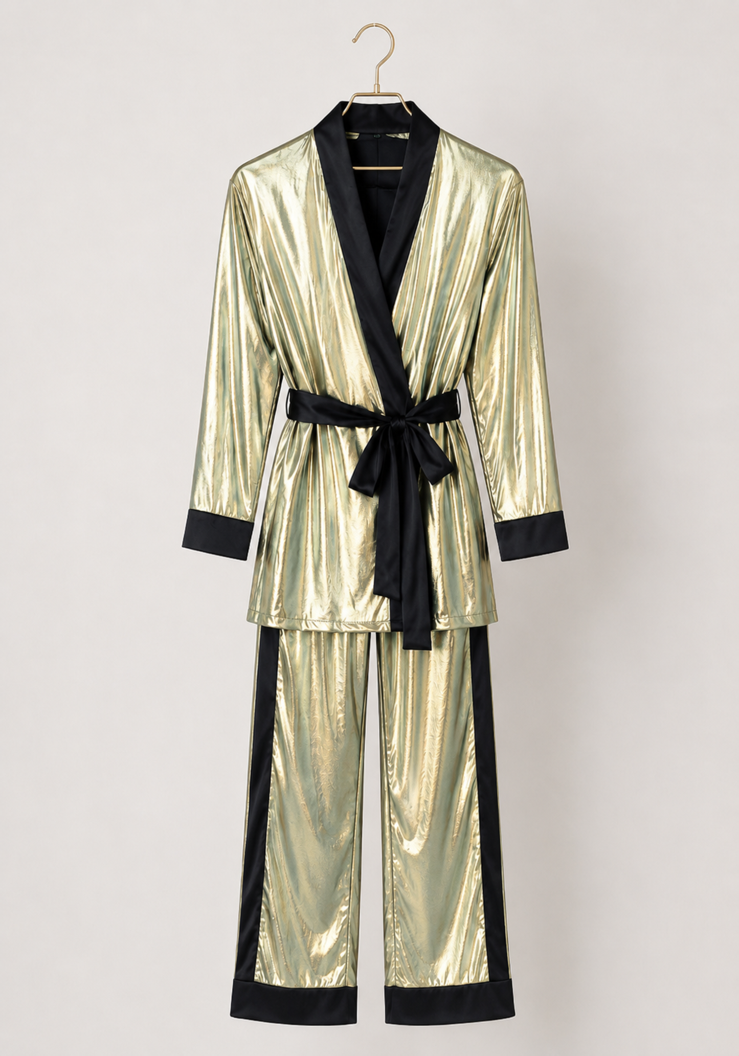 3 Pieces Pajamas: Disko Long Sleeves Short Robe And Pants And Satin Crop Tank Top