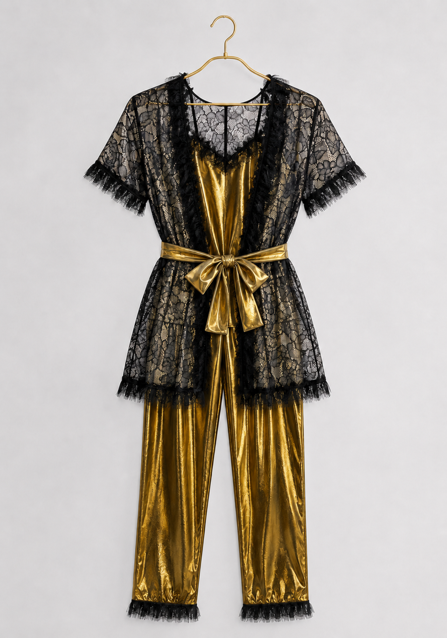 3 Pieces Pajamas: Disko Shoulder Strap Top And Pants And Full Dantel Short Sleeves Short Robe