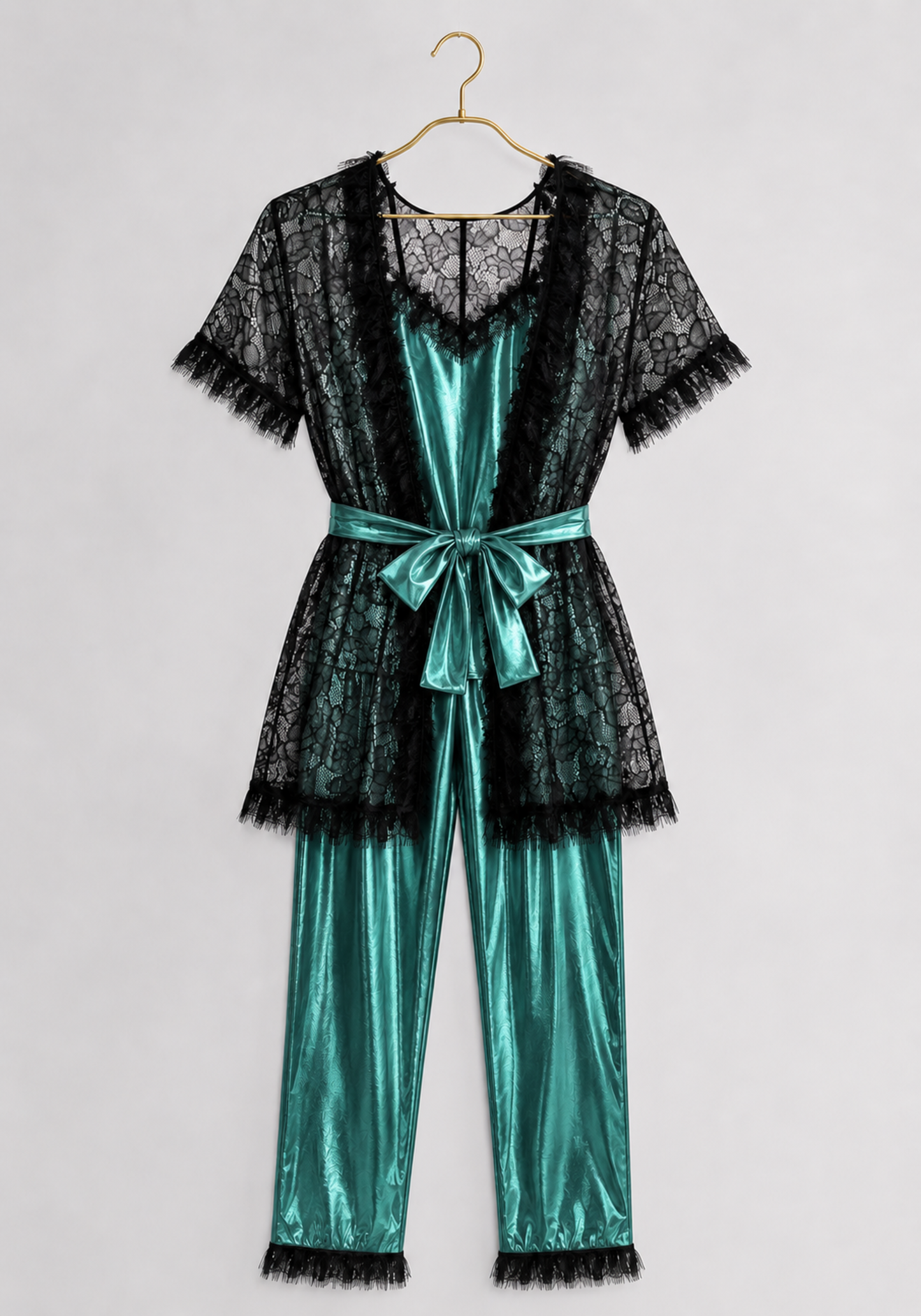 3 Pieces Pajamas: Disko Shoulder Strap Top And Pants And Full Dantel Short Sleeves Short Robe