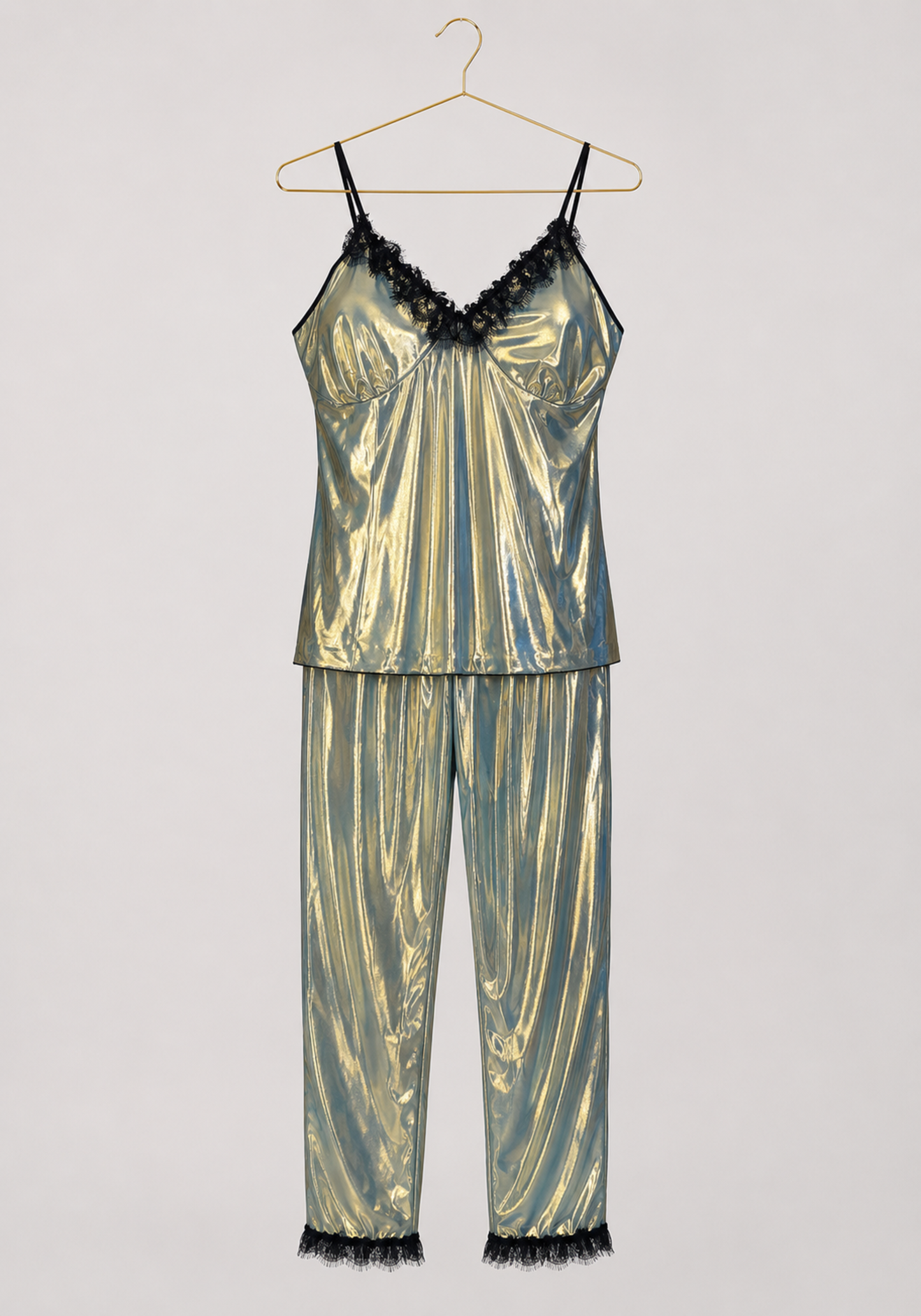 3 Pieces Pajamas: Disko Shoulder Strap Top And Pants And Full Dantel Short Sleeves Short Robe