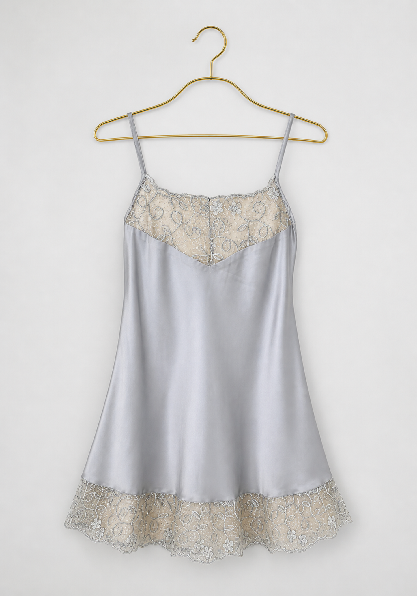 Short Robe Set: Plain Satin Shoulder Strap Babydoll And Printed Satin Long Sleeves Short Robe Both With Lace Detail