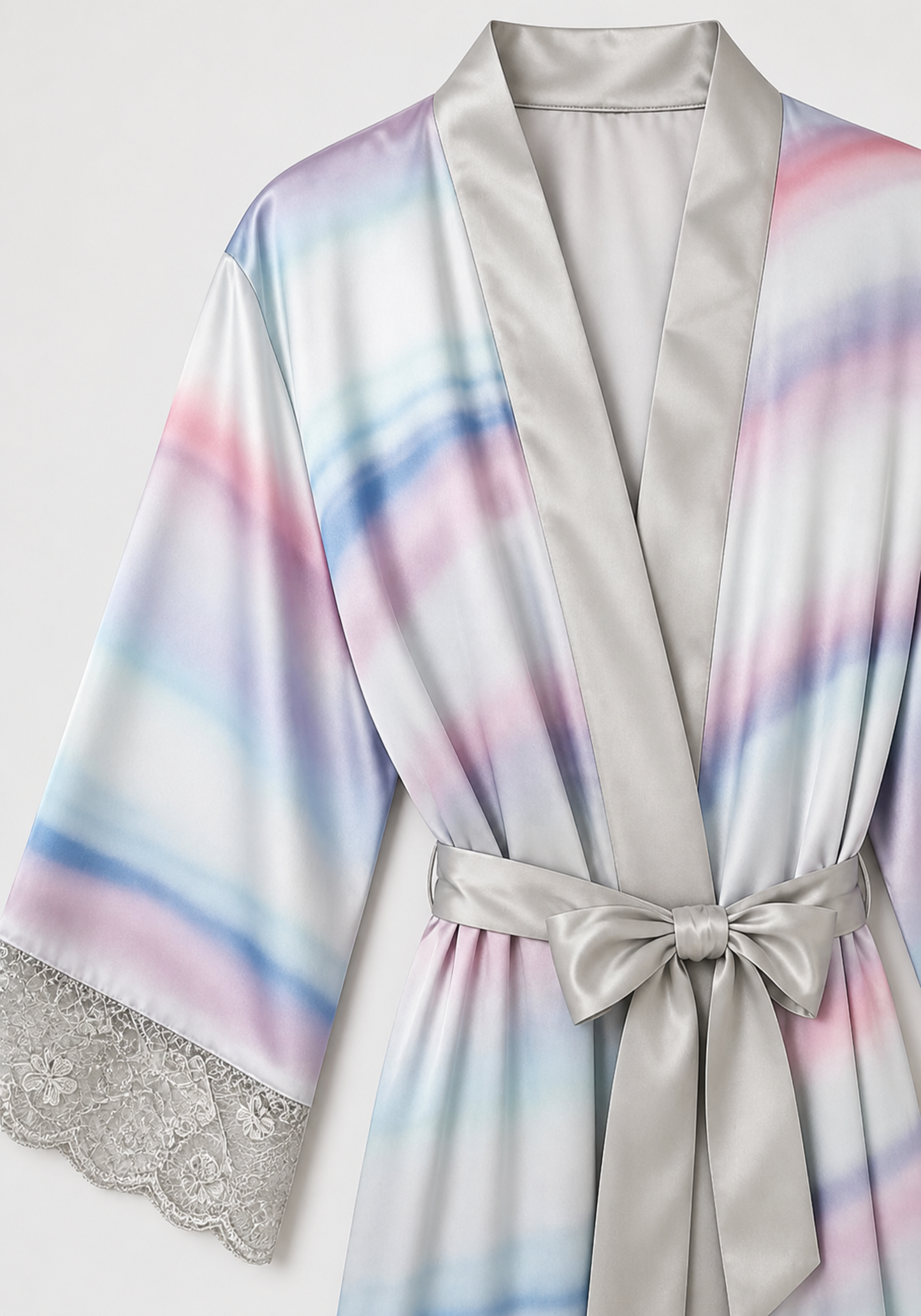 Short Robe Set: Plain Satin Shoulder Strap Babydoll And Printed Satin Long Sleeves Short Robe Both With Lace Detail