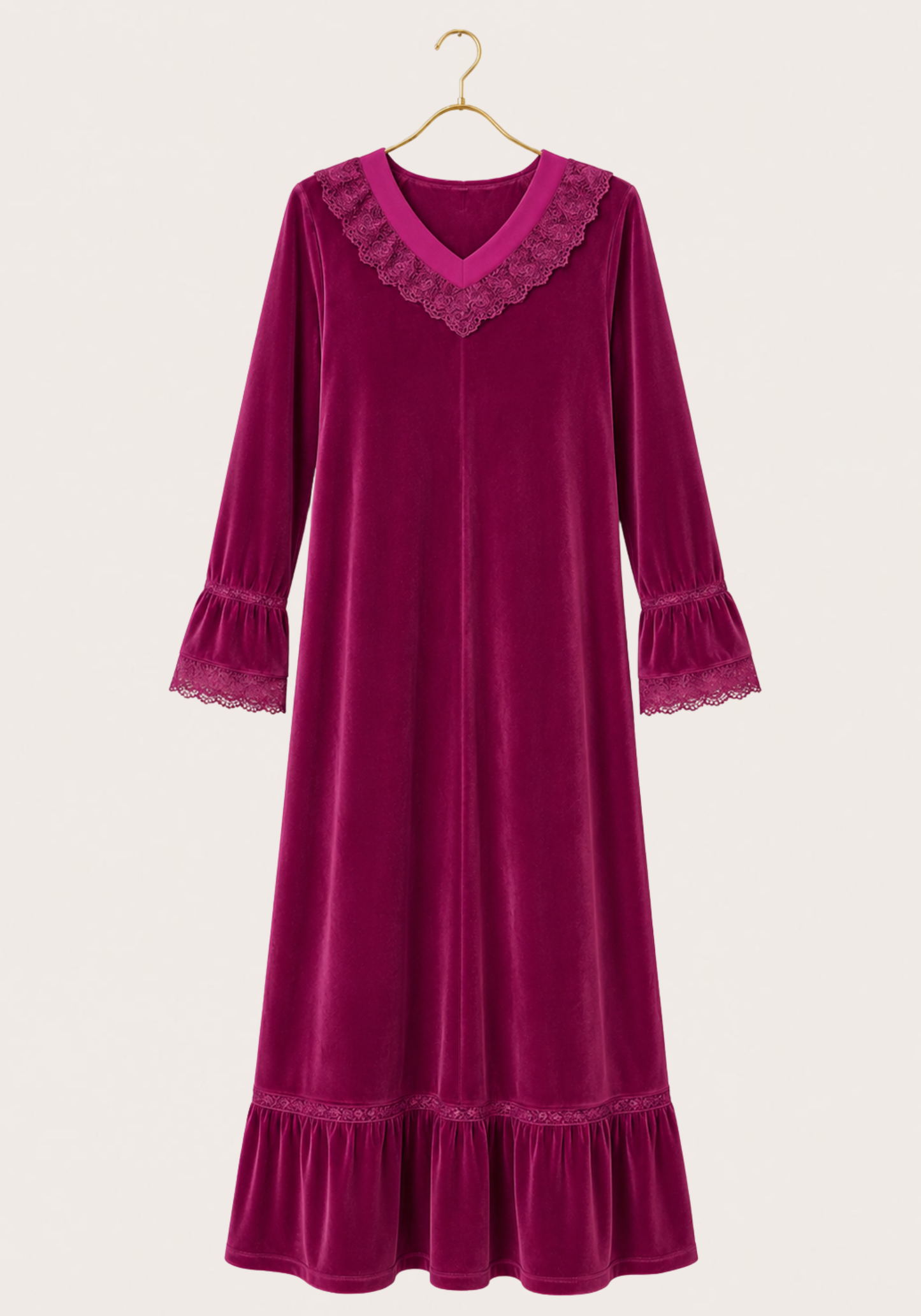 Velour Long Gown With Lace