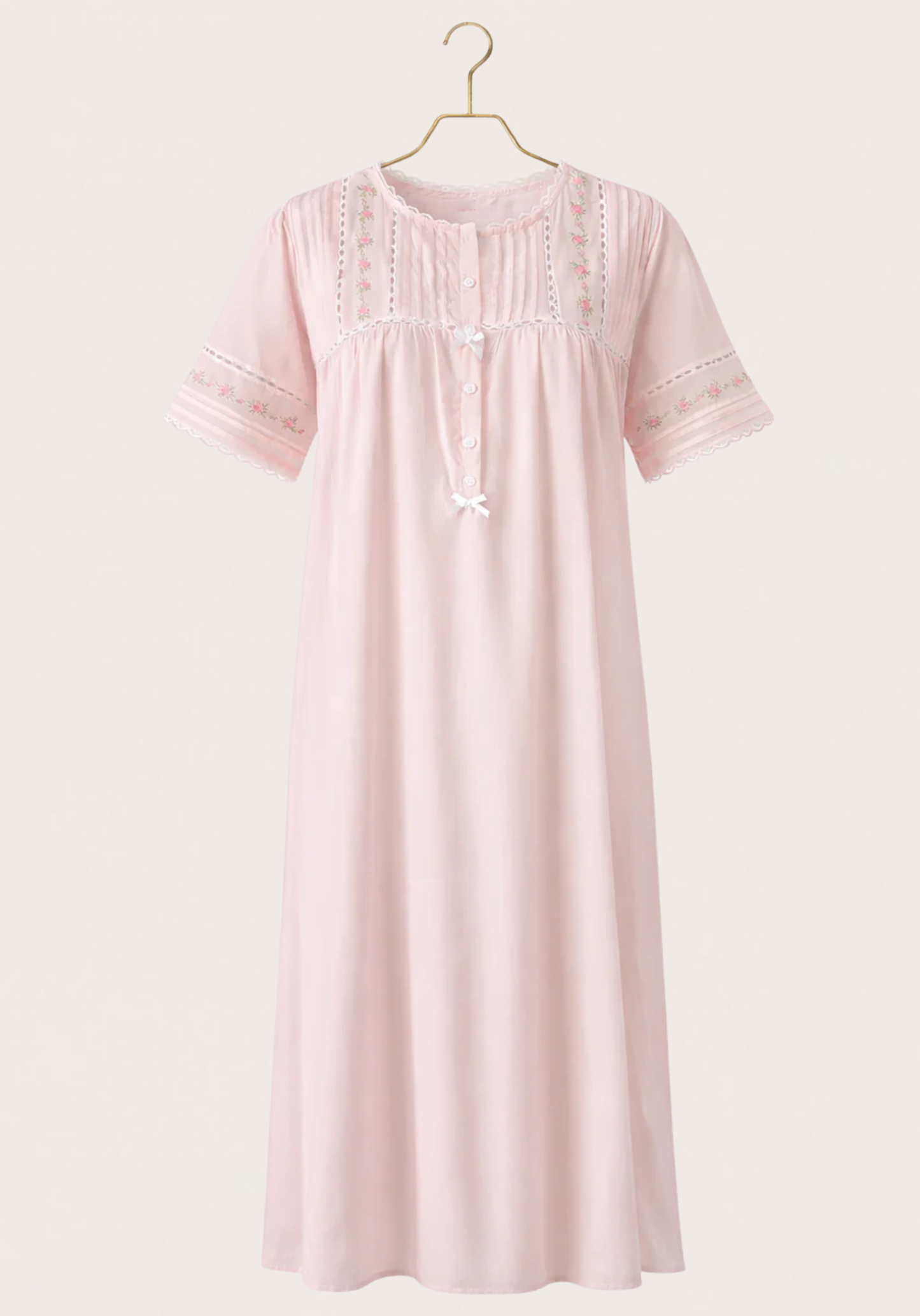 Woven Vual Short Sleeves Long Gown With Floral Embroidery Details With Front Buttons