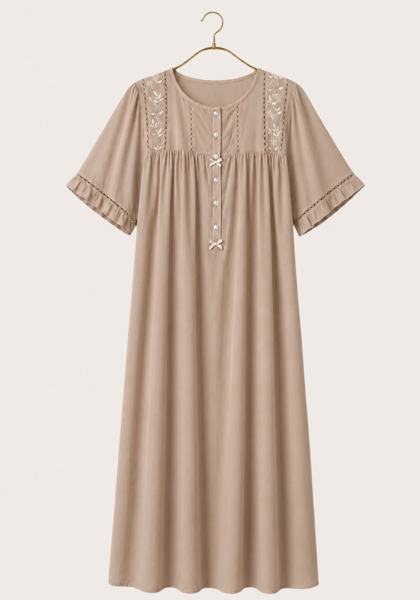 Long Gown: Woven Viscose Short Sleeves Long Nighty With Buttons And Embroidery Details