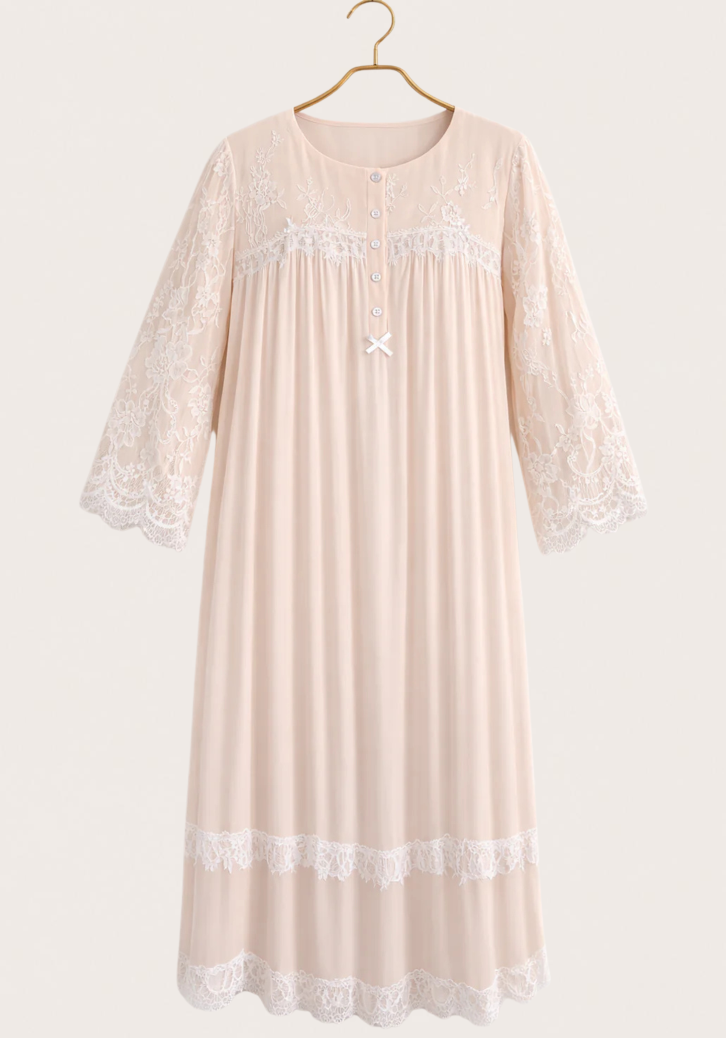 Woven Viscose Long Sleeves Long Nighty With Dantel In The Front & Sleeves With Buttons