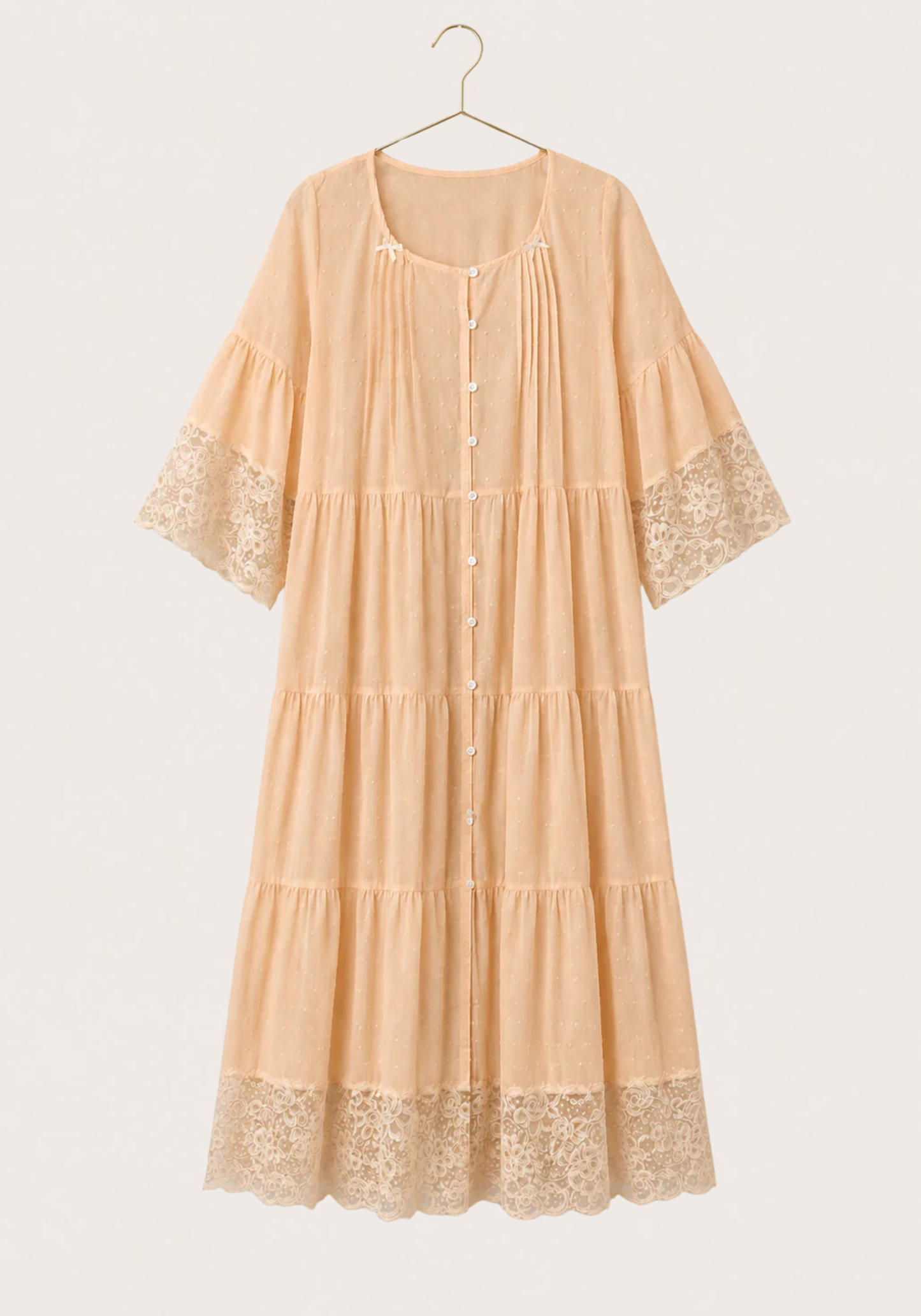 Woven Viscose Long Sleeves Midi Nighty With Front Buttons And Lace Detail