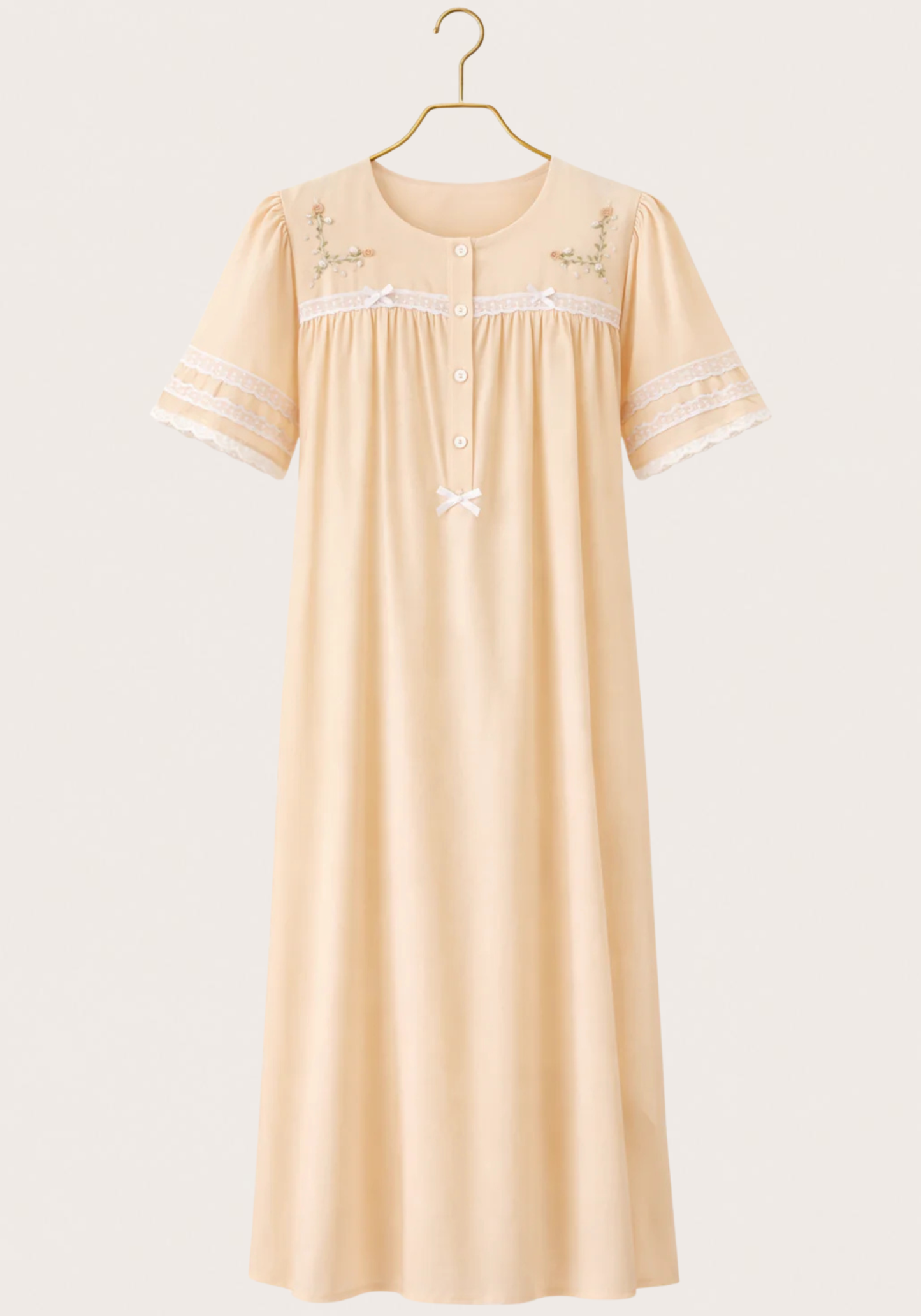 Woven Viscose Short Sleeves Long Nighty With Floral Embroidery With Front Buttons