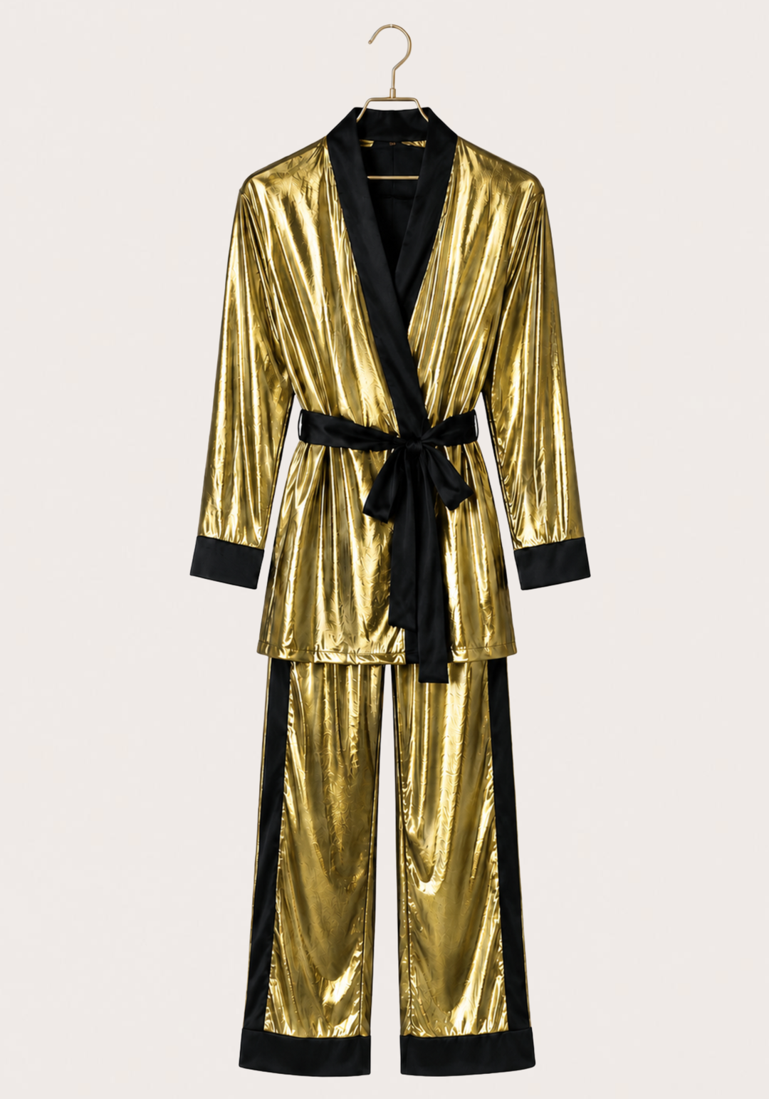 3 Pieces Pajamas: Disko Long Sleeves Short Robe And Pants And Satin Crop Tank Top