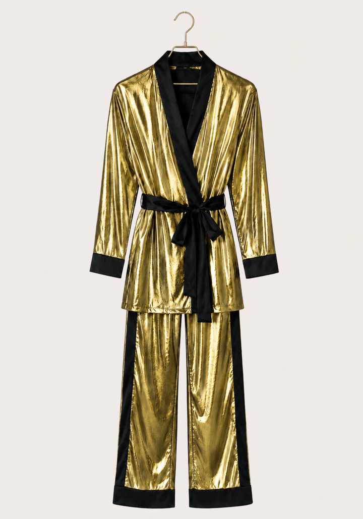 3 Pieces Pajamas: Disko Long Sleeves Short Robe And Pants And Satin Crop Tank Top