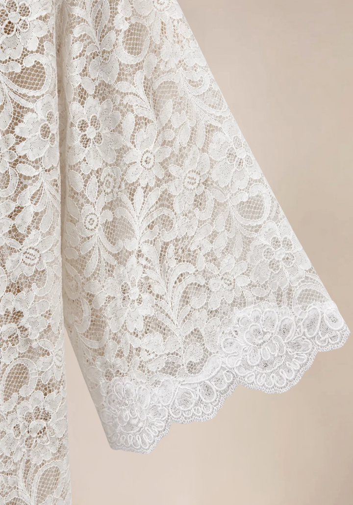 Bridal 3 Pieces Pajamas: Full Dantel Short Robe And Sleeveless Satin Top With Buttons And Pants With Lace Details