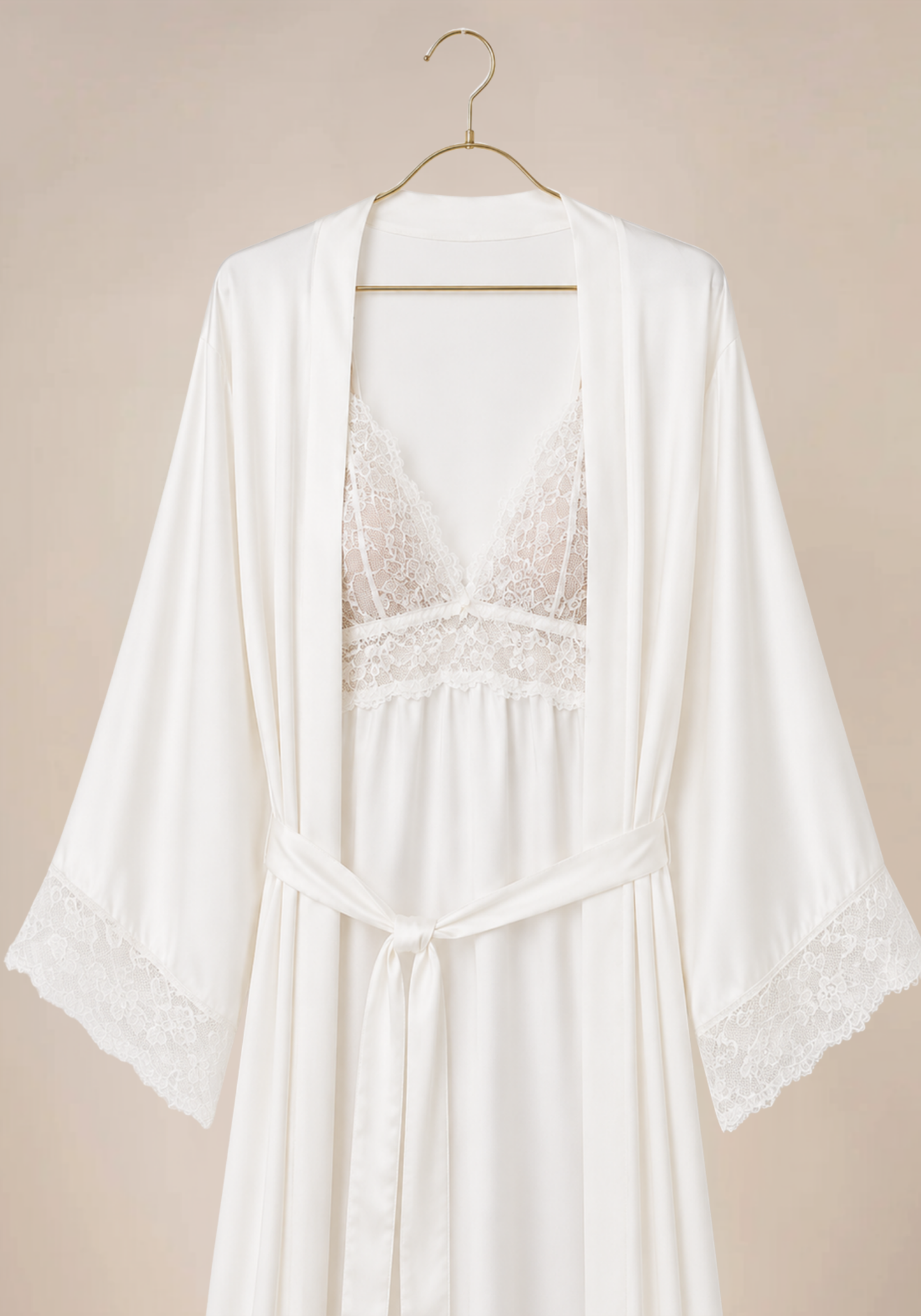Bridal Long Robe Set: Shoulder Strap Lace Bra Long Gown And Long Robe With Lace Detail