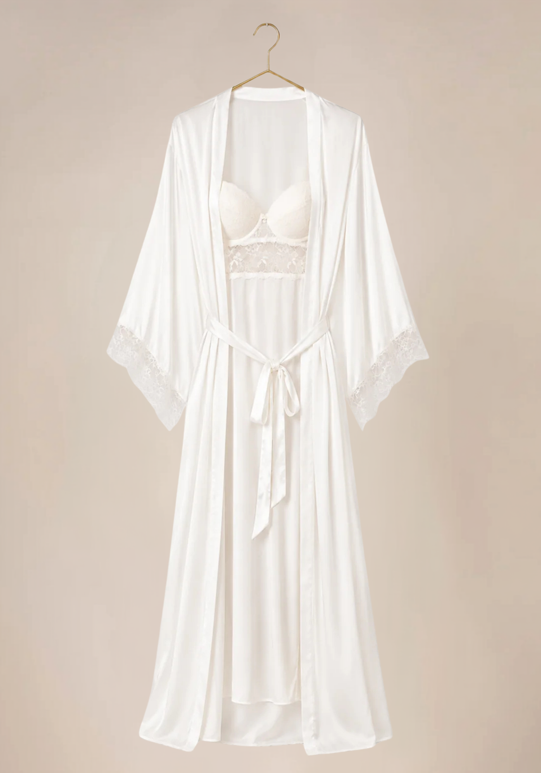 Bridal Long Robe Set: Shoulder Strap Padded Bra Long Gown And Long Robe With Lace Detail