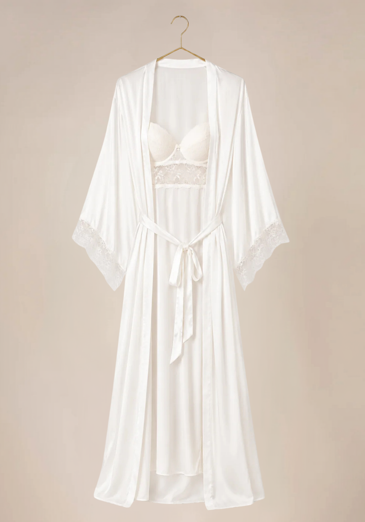 Bridal Long Robe Set: Shoulder Strap Padded Bra Long Gown And Long Robe With Lace Detail