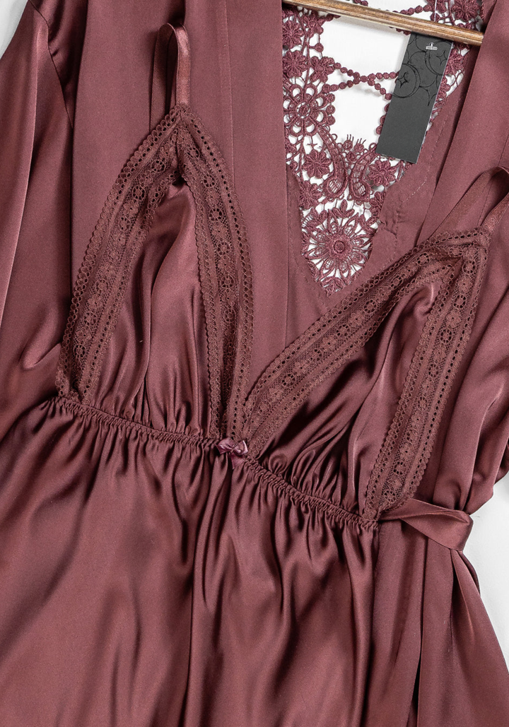 Lingerie Short Robe Set: Full Satin Babydoll And Full Satin Short Robe With Dantel At The Back