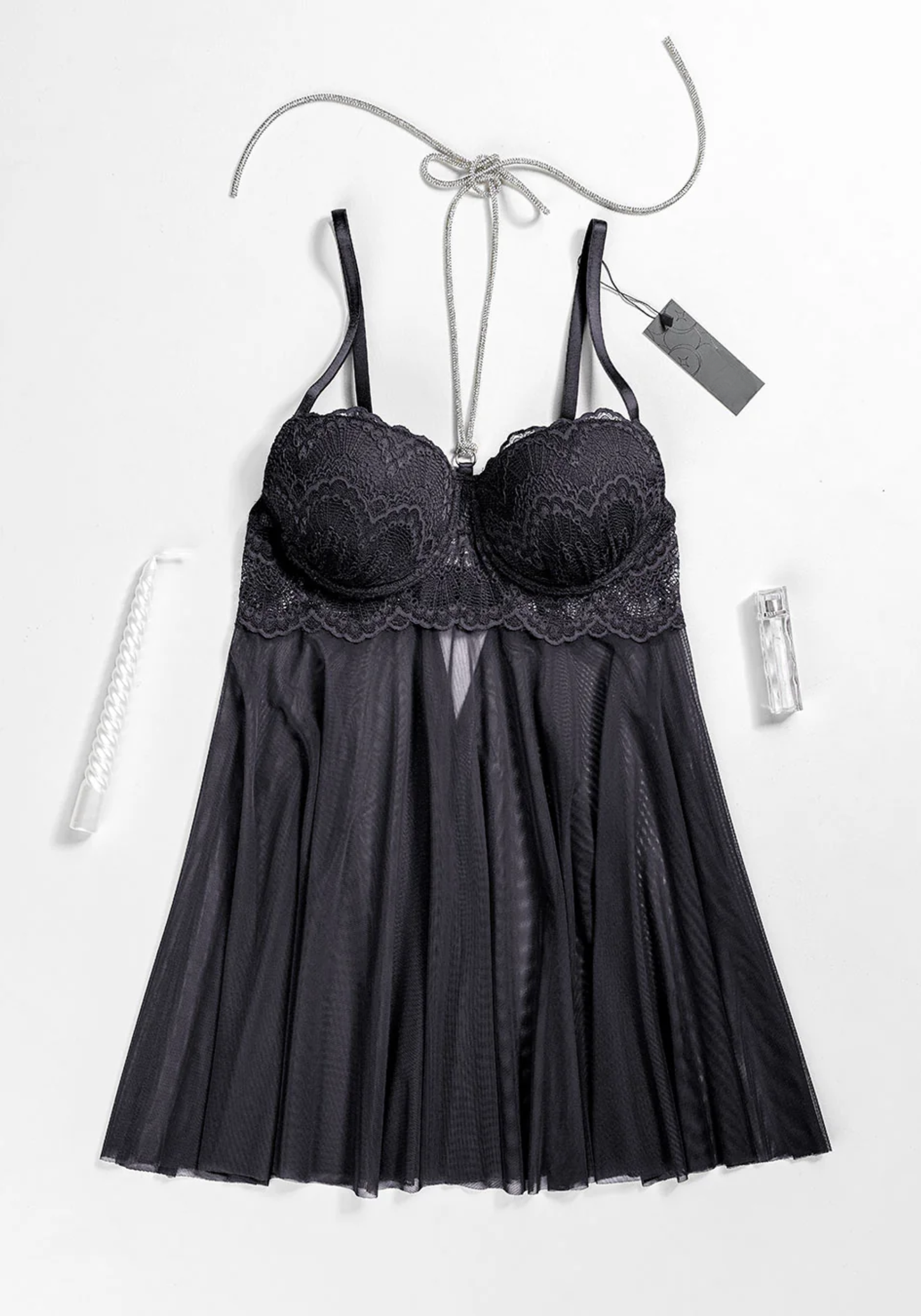 Lingerie Babydoll: Shoulder Strap Dantel Padded Bra With Stras Necklace Attached With Toulle Extension And Panty