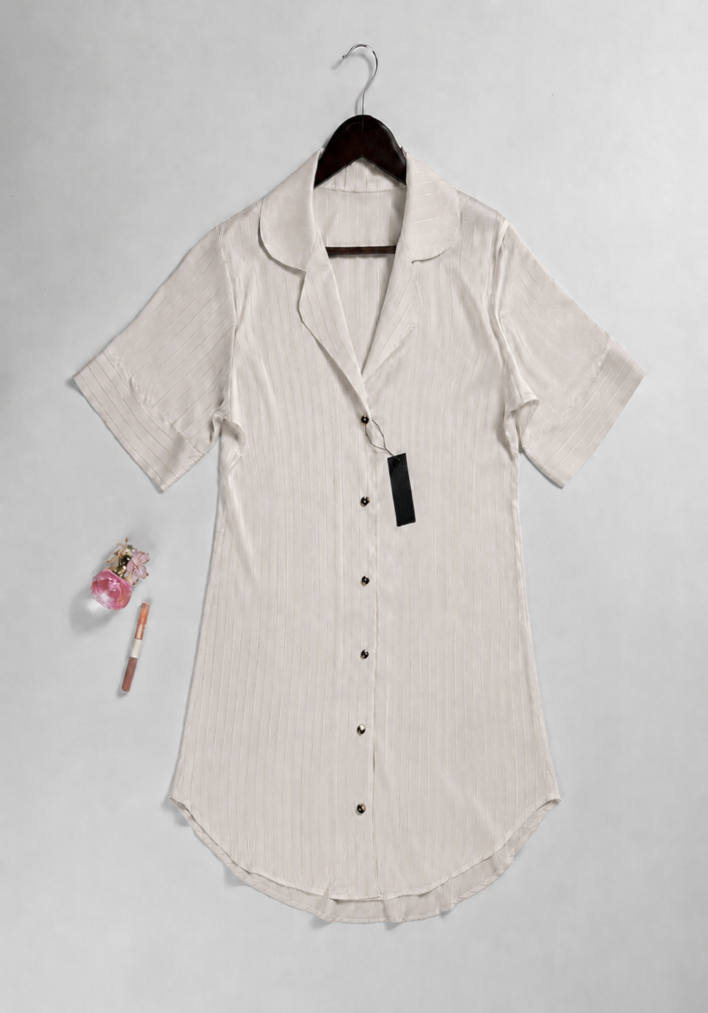 Lingerie Nighty: Satin Striped Collar Button Short Nighty