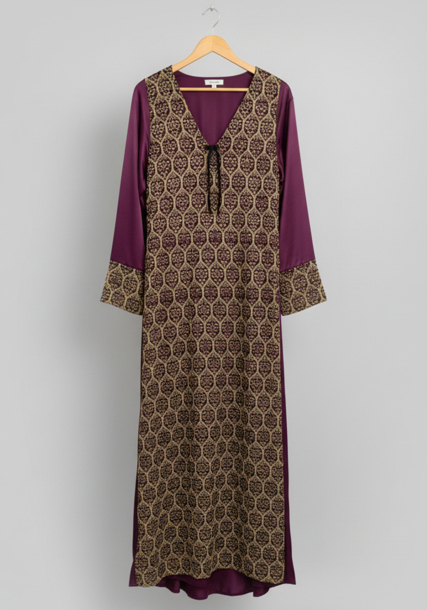 Satin Long Sleeve Long Gown With Golden Dantel