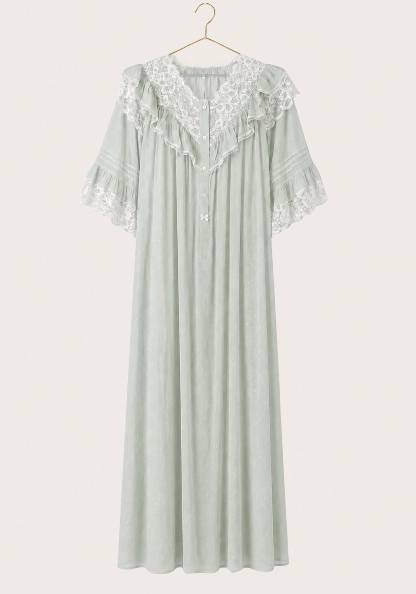 Woven Viscose Long Sleeves V-Neck Long Nighty With Front Buttons And Lace Detail