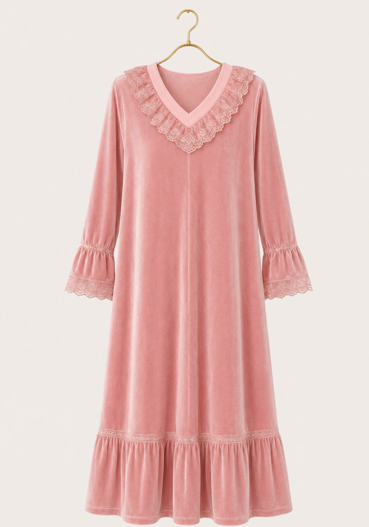 Velour Long Gown With Lace