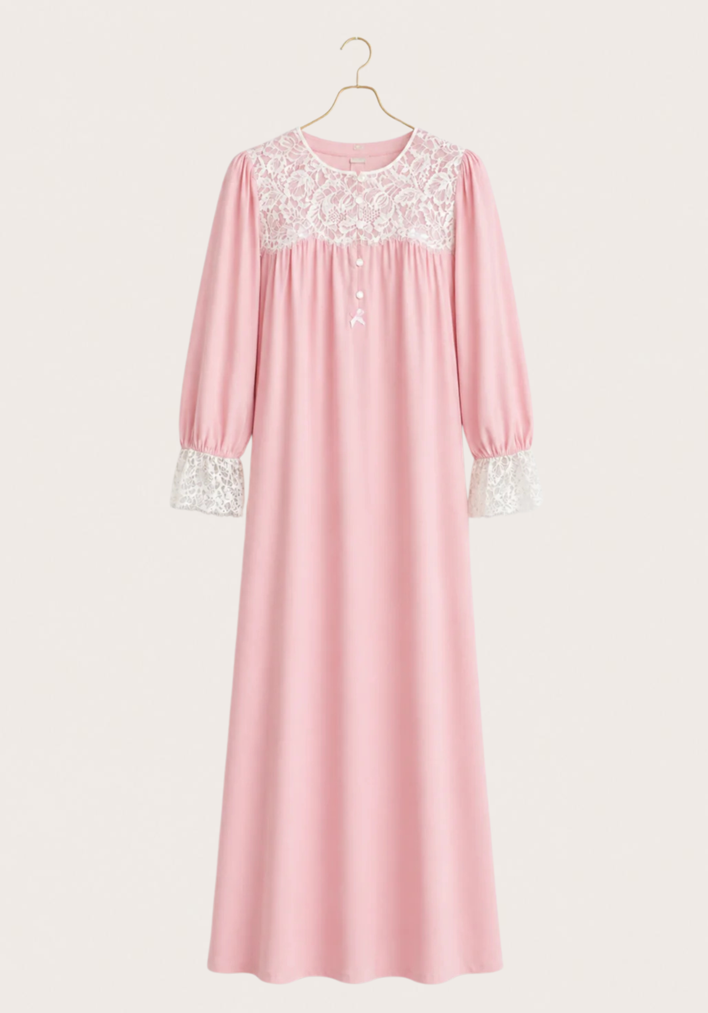Woven Viscose Long Sleeves Long Nighty With Dantel In The Front & Sleeves With Buttons