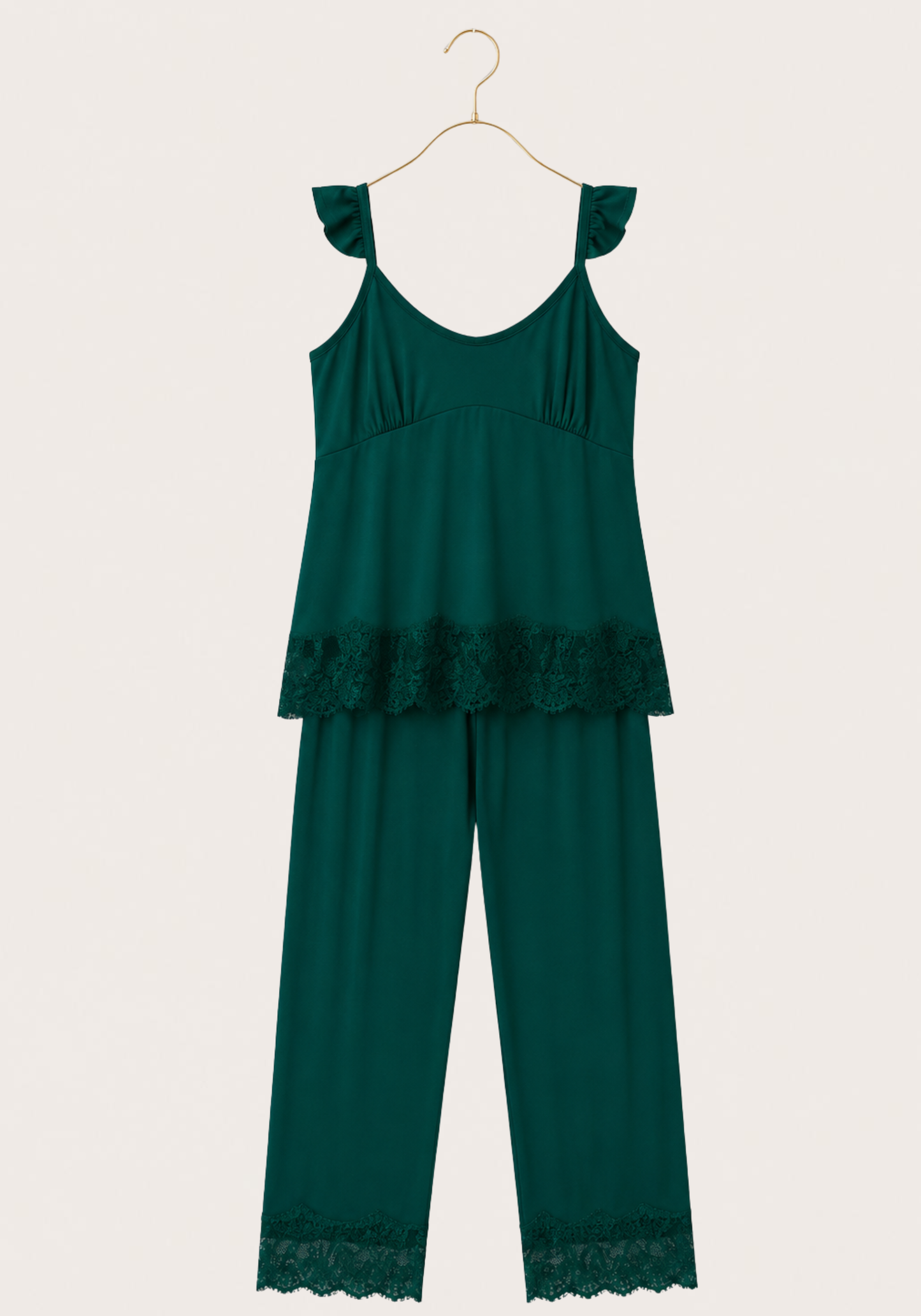 Modal Pajama: Furfur Shoulder Strap Top With Lace Detail And Pant With Lace Detail