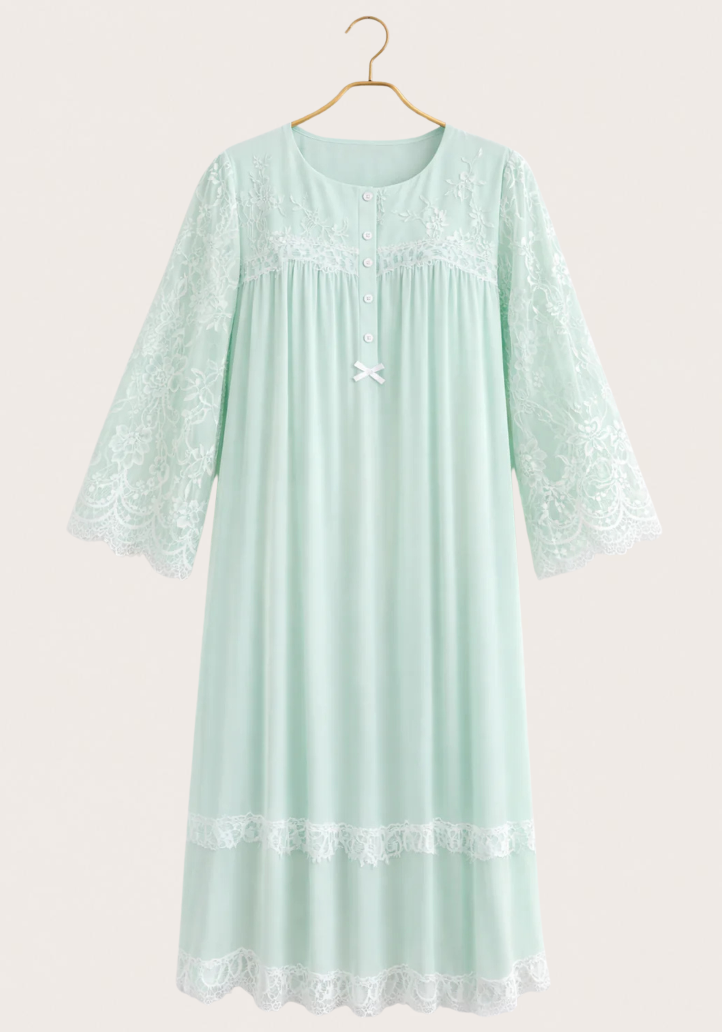 Woven Viscose Long Sleeves Long Nighty With Dantel In The Front & Sleeves With Buttons