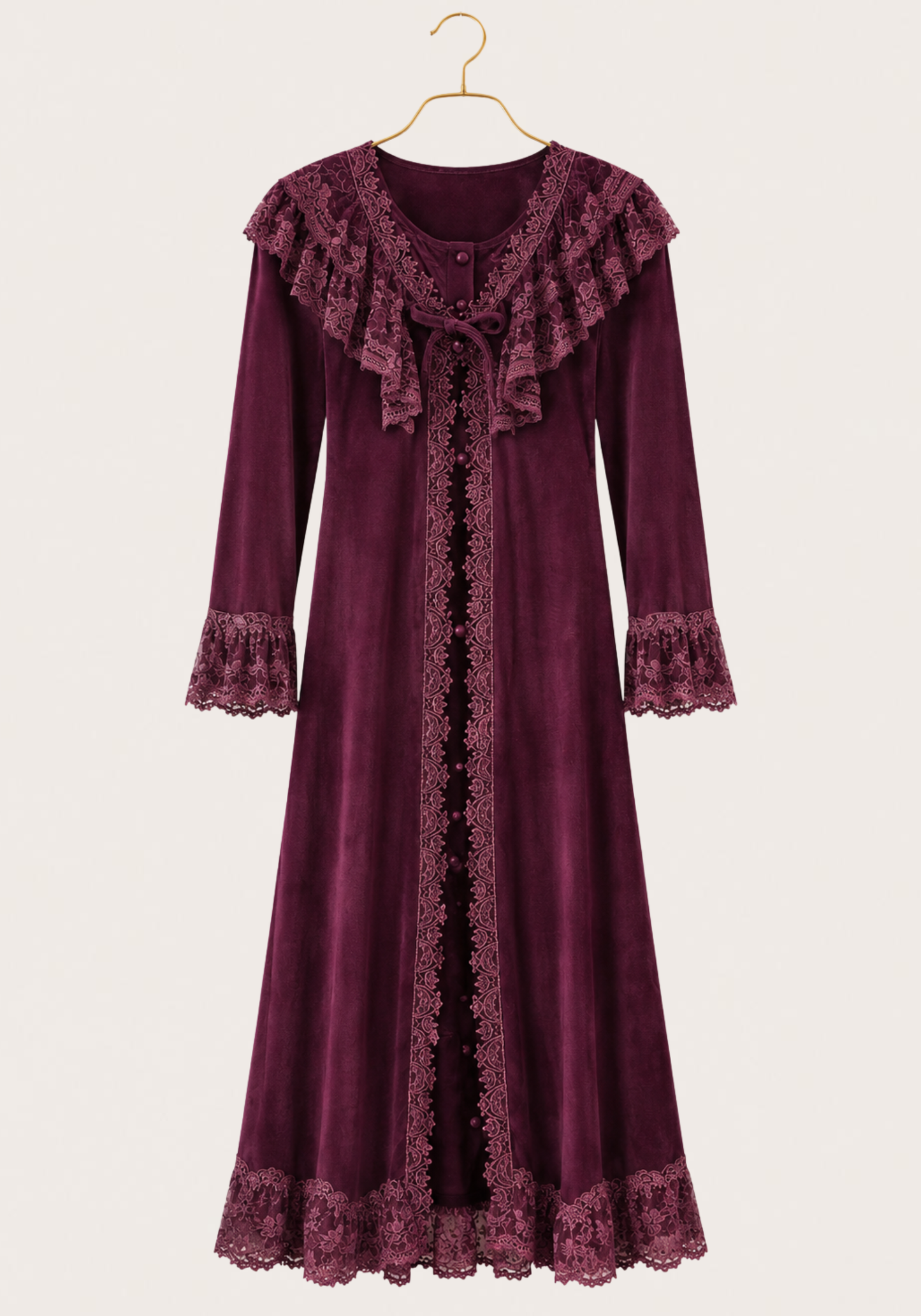 Velour Long Robe Set: Long Sleeve Long Robe And Sleeveless Nighty